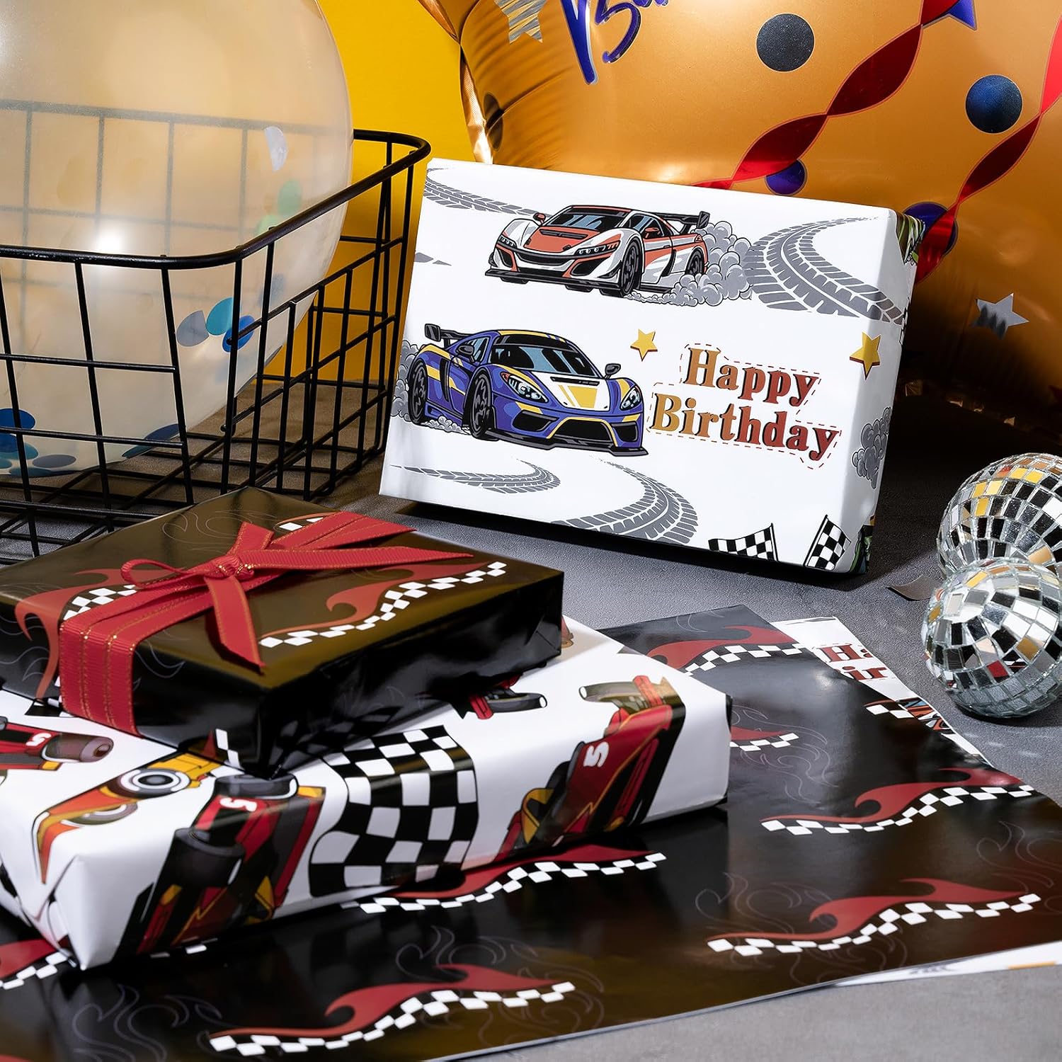 Race Car Birthday Wrapping Paper - 12 Sheet - Flames, Checkered Flags, Happy Birthday Text, Racing Cars & Tire Tread Pattern For Kids, Boys, Racing Lover - 27.5 X 19.6 Inches Per Sheet