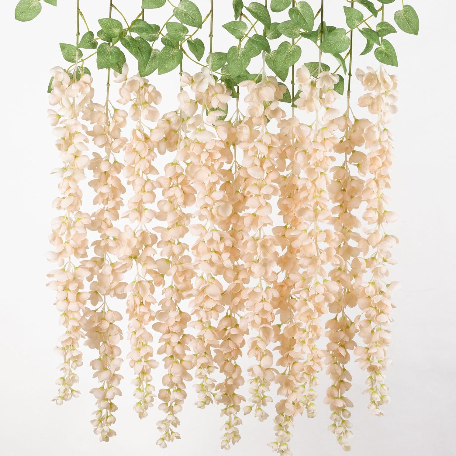 6Pcs Beige Wisteria Hanging Flowers 48" Silk Wisteria Artificial Flowers Garland Vines Fake Hanging Flowers Decoration For Wedding Flower Wall Backdrop Centerpieces Party Room Decor (Beige)