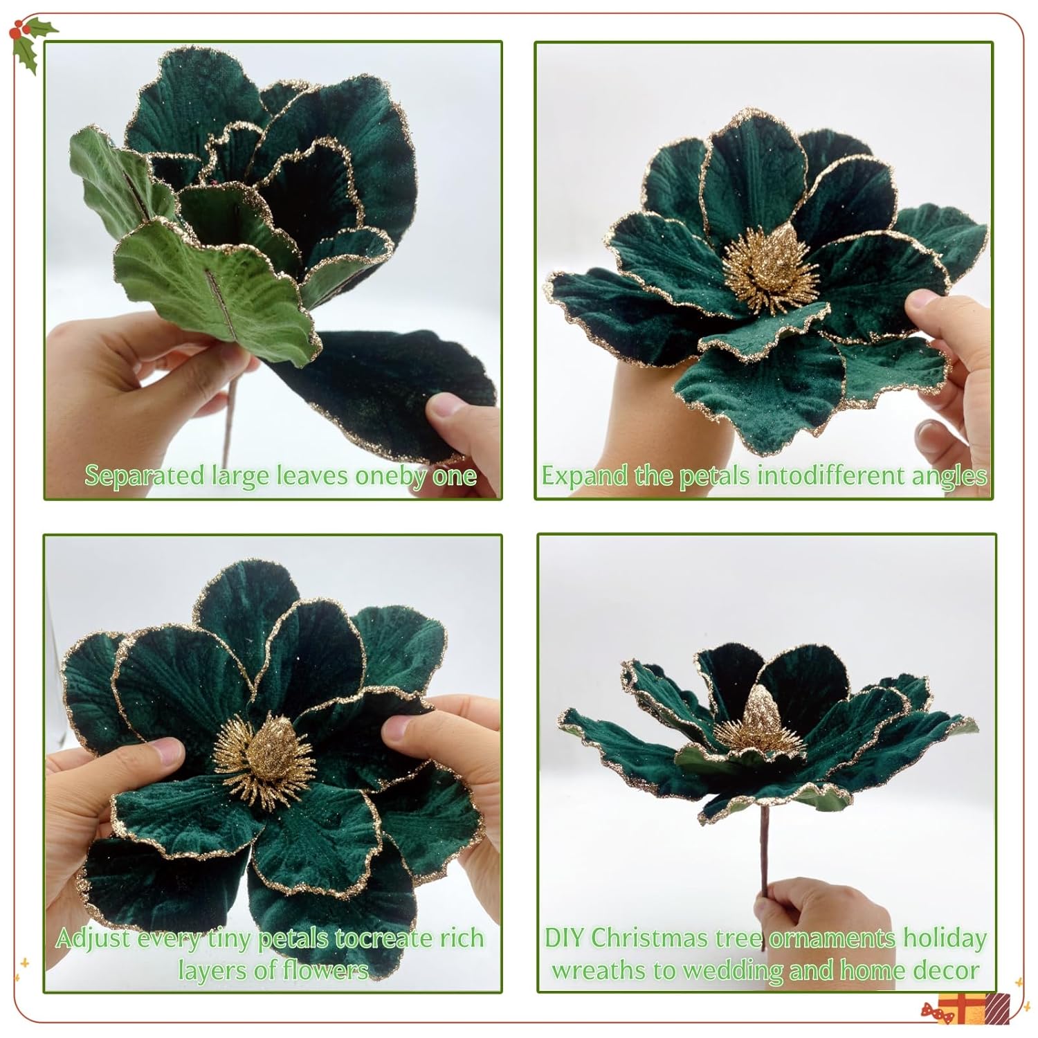 12 Pcs Christmas Velvet Poinsettia Flowers Ornaments, Glitter Artificial Magnolia For Xmas Tree Decorations (Dark Green, 8.8 Inch)