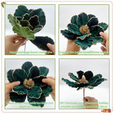 12 Pcs Christmas Velvet Poinsettia Flowers Ornaments, Glitter Artificial Magnolia For Xmas Tree Decorations (Dark Green, 8.8 Inch)