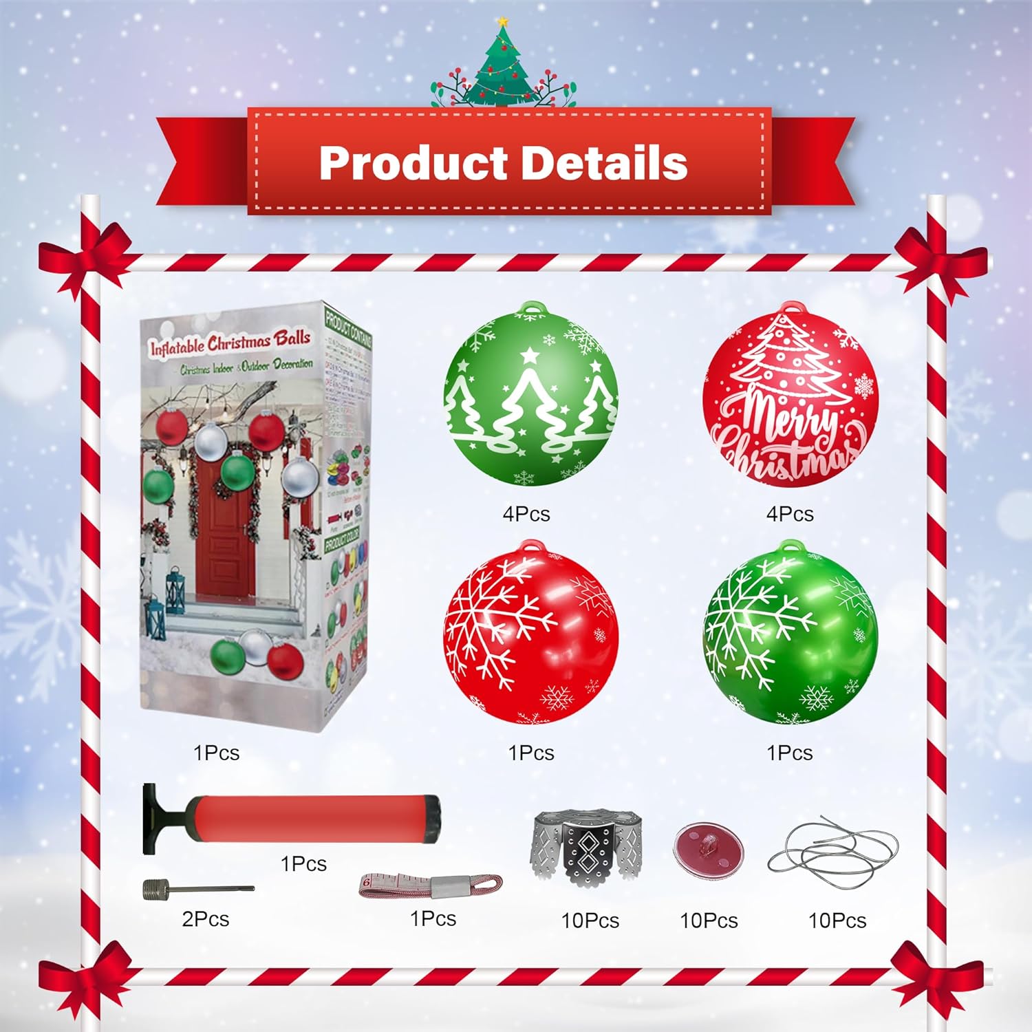 10 Pcs Multi-Pattern Giant Inflatable Christmas Orbs/Balls Decorations - Elastic Ball Safely Expands To 9 Inches, Large