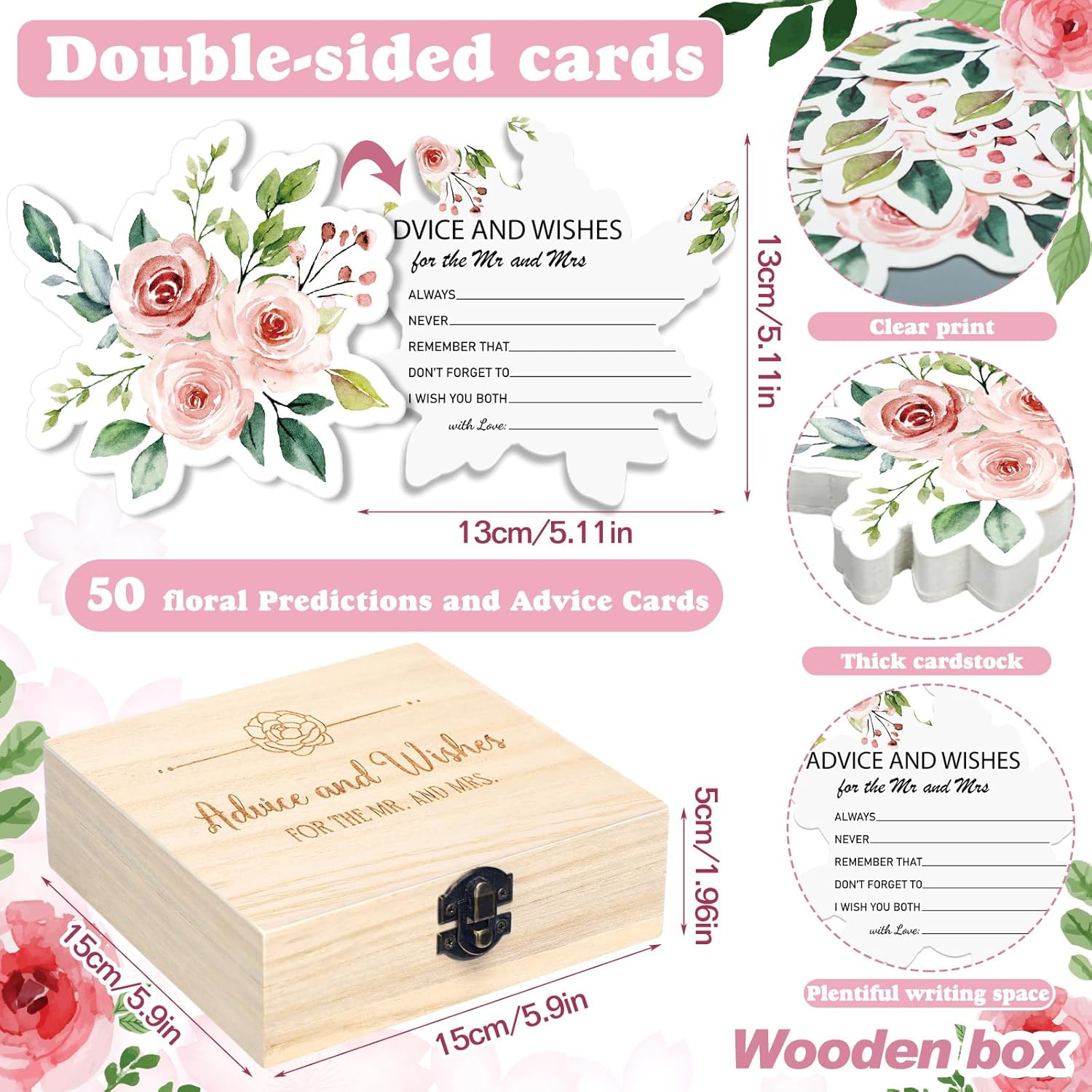 Rose 50 Pcs Floral Advice And Wishes Bridal Shower Cards For The Mr And Mrs Bridal Shower Games Cards With Advice And 1 Pack Keepsake Box For Guests Wedding Bride Groom Party Decorations