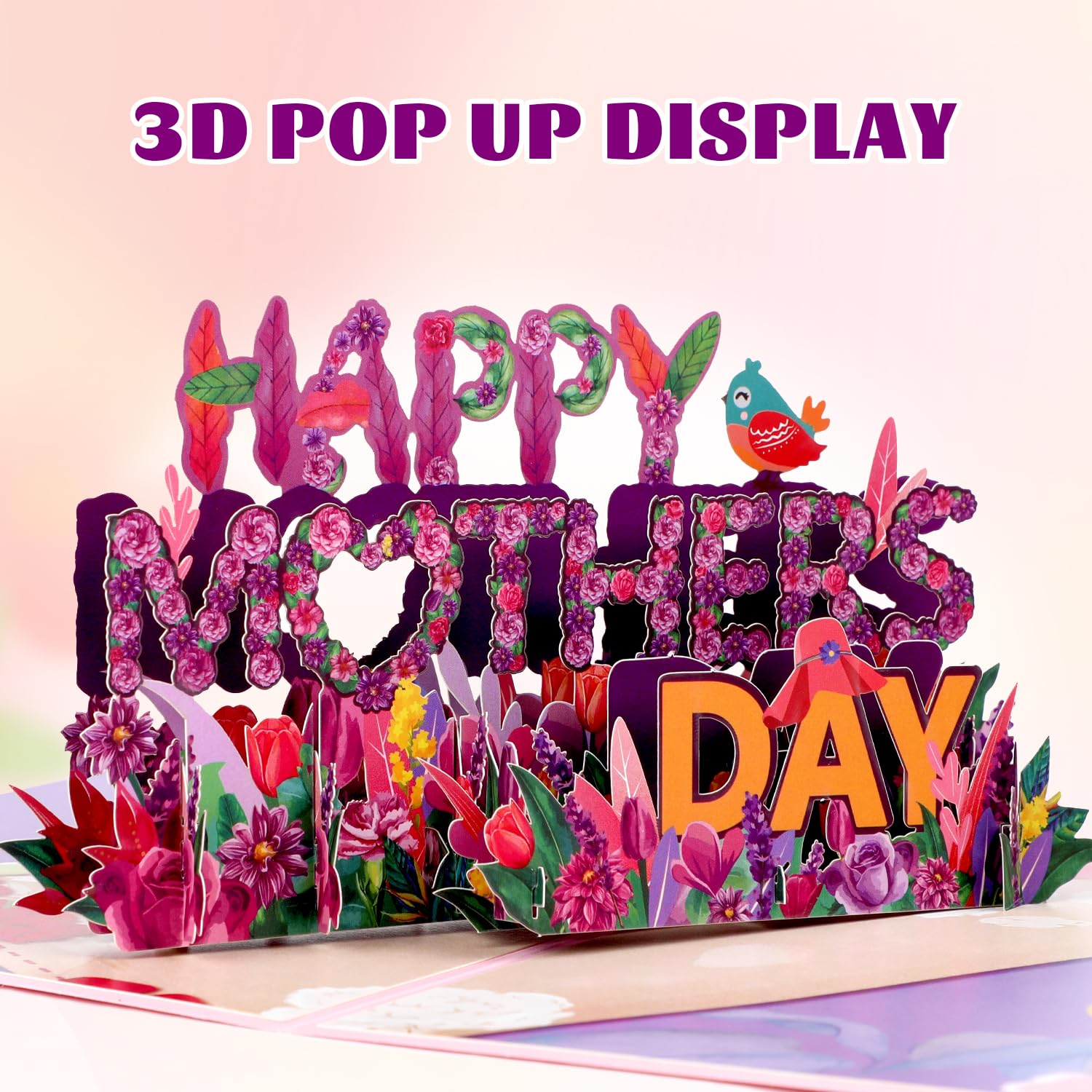 Happy Mothers Day Pop Up Card, 3D Purple Flowers Mother’S Day Greeting Cards With Envelope Blank Message Card For Mom Women Wife Daughter Grandma