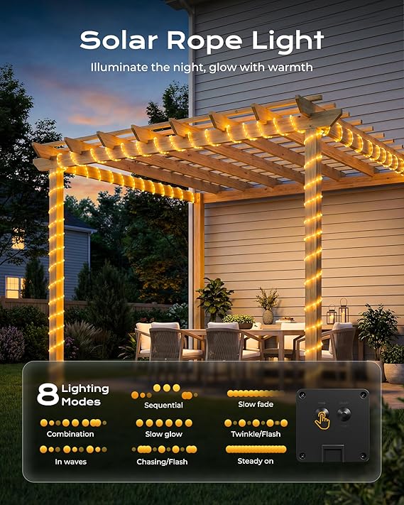 2 Pack Solar Rope Lights 78FT 200 LED Warm White Waterproof Outdoor Fairy String Lights with 8 Modes