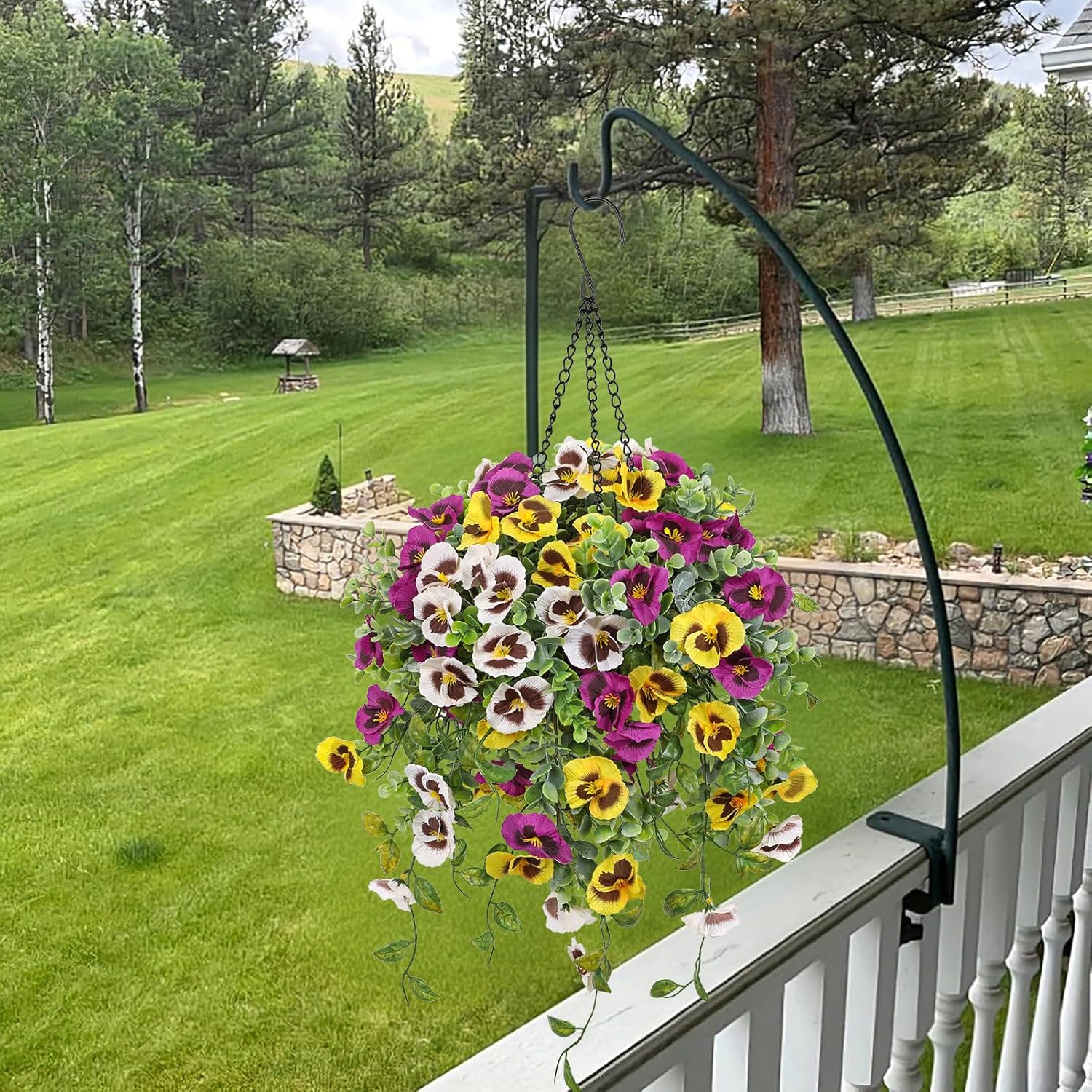Artificial Hanging Basket Flowers Outdoor – 25.5” Uv-Resistant Pansy Hanging Plant With 15.3” Full Bloom Ball, Lush Trailing Faux Flowers For Porch, Balcony, Patio & Garden Year-Round Decor