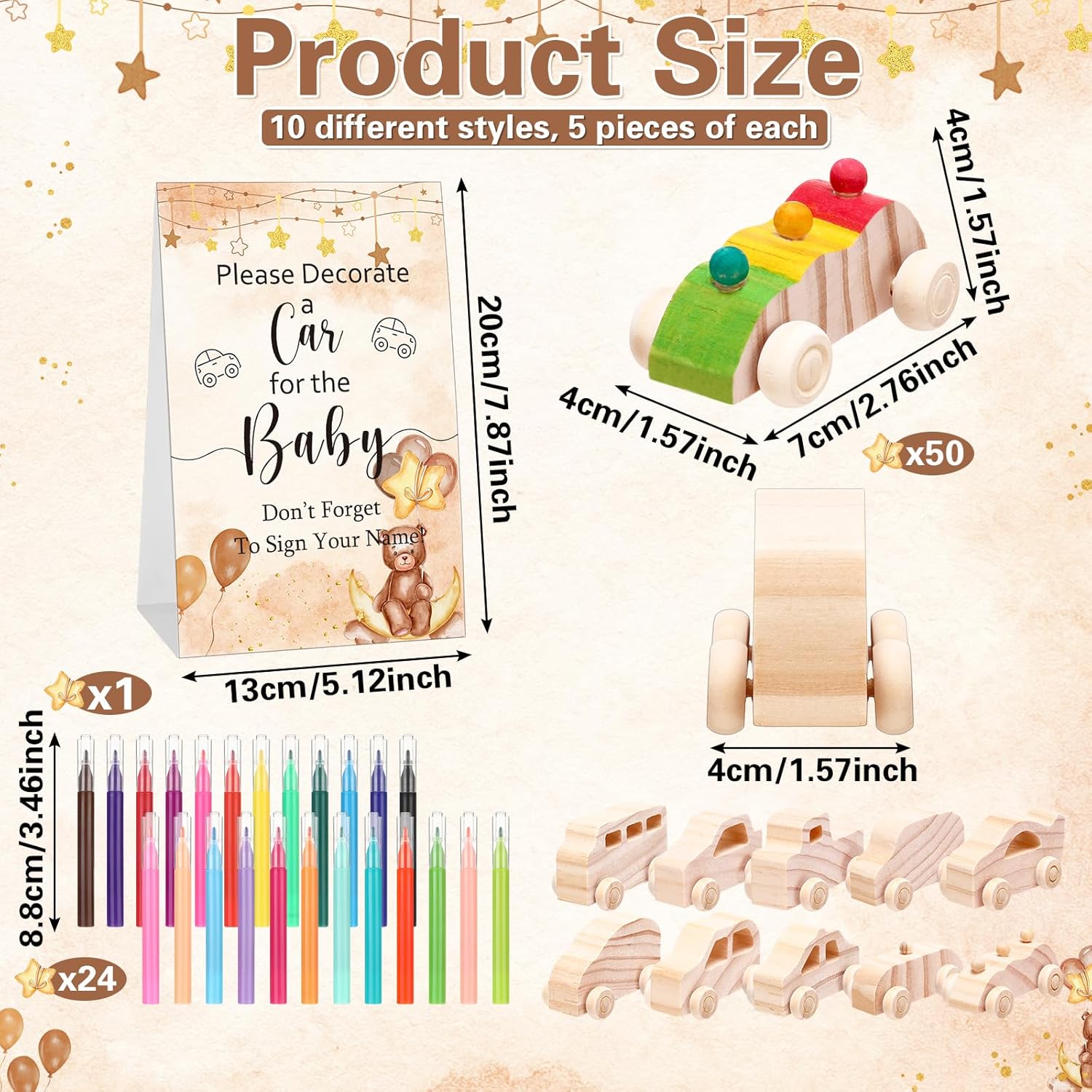 75 Pcs Baby Shower Wood Diy Car Set Includes 50 Unfinished Wooden Car Block To Paint 24 Makers 1 Game Sign For Decorate Gift Block Game 10 Style(Brown Bear)