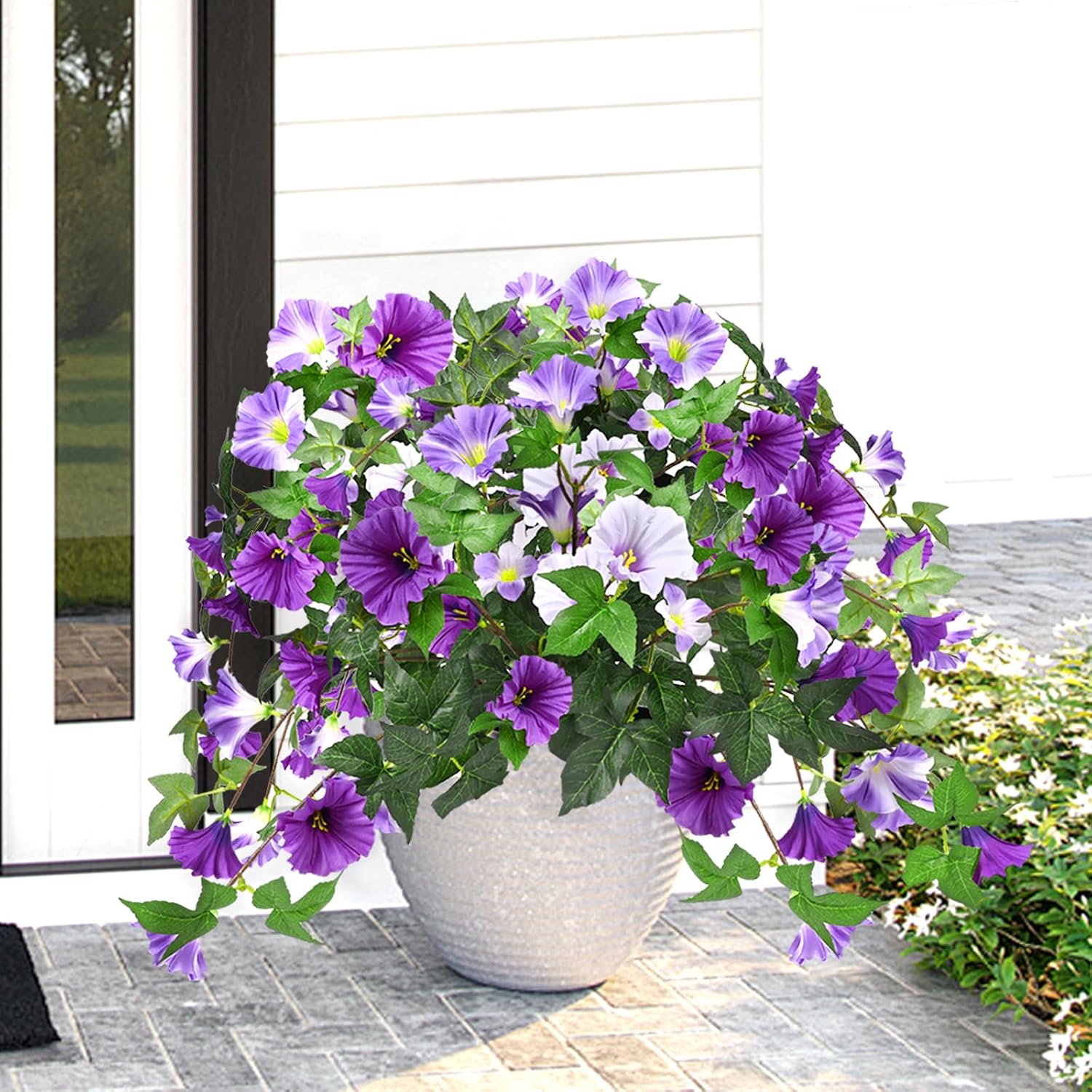 Artificial Flowers For Outdoors With 120 Blooms, Faux Silk Flowers For Outside, Uv Resistant Fake Petunias Plants For Hanging Baskets Fence Patio Balcony Garden Cemetery (Purple 4 Packs)