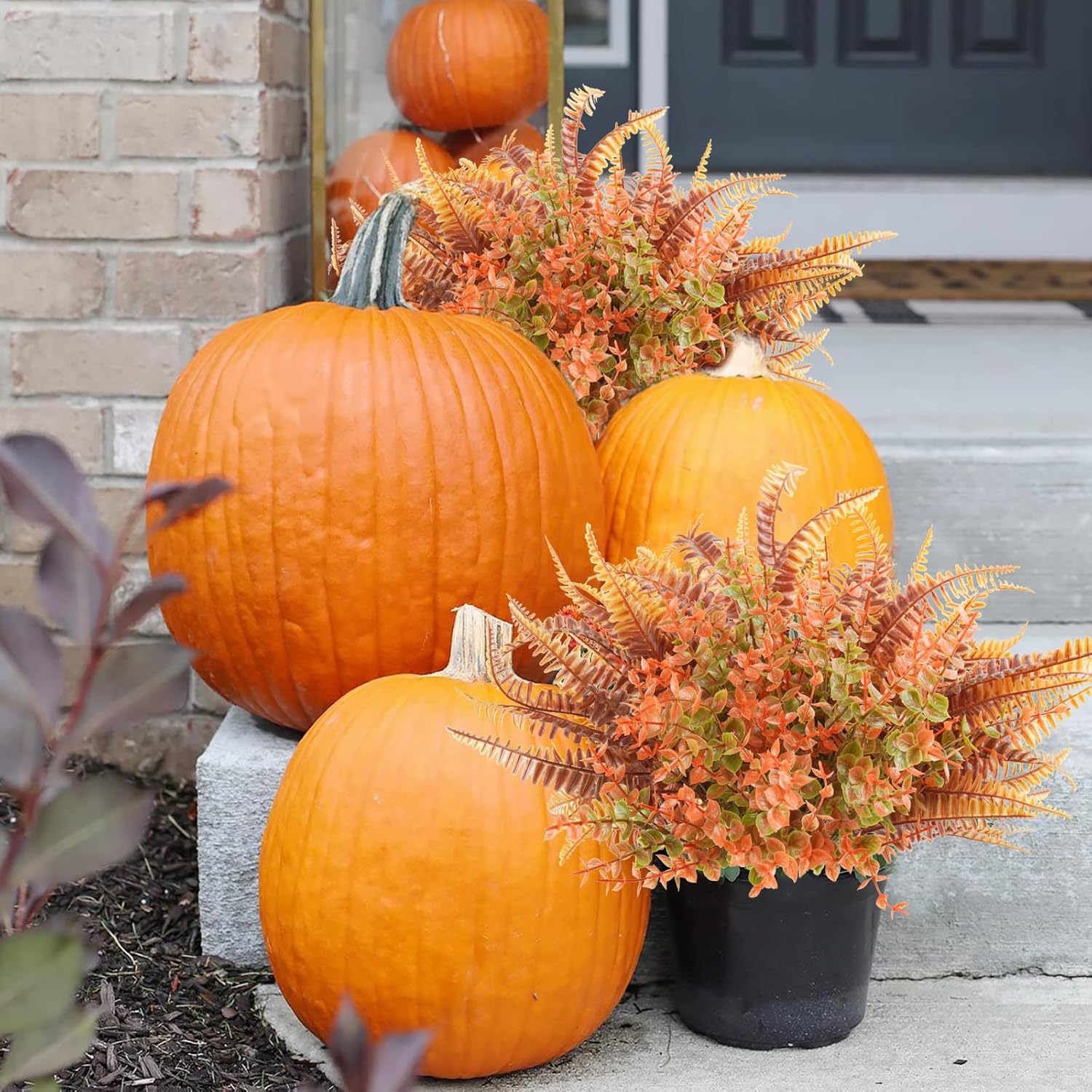 6Pcs Artificial Fall Flowers Outdoor Uv Resistant, 3Pcs Fall Fake Plants With 3Pcs Autumn Boston Fern Plants Bushes For Outside Garden Front Porch Sidewalk Window Box Fall Décor Orange