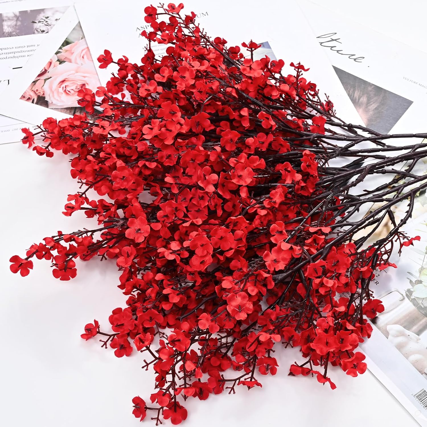 Red Fake Flowers Artificial Flowers, 5Pcs Real Touch Silk Flowers Faux Flowers For Decorations, Babys Breath Artificial Flowers Bulk For Spring Decor Floral Arrangement