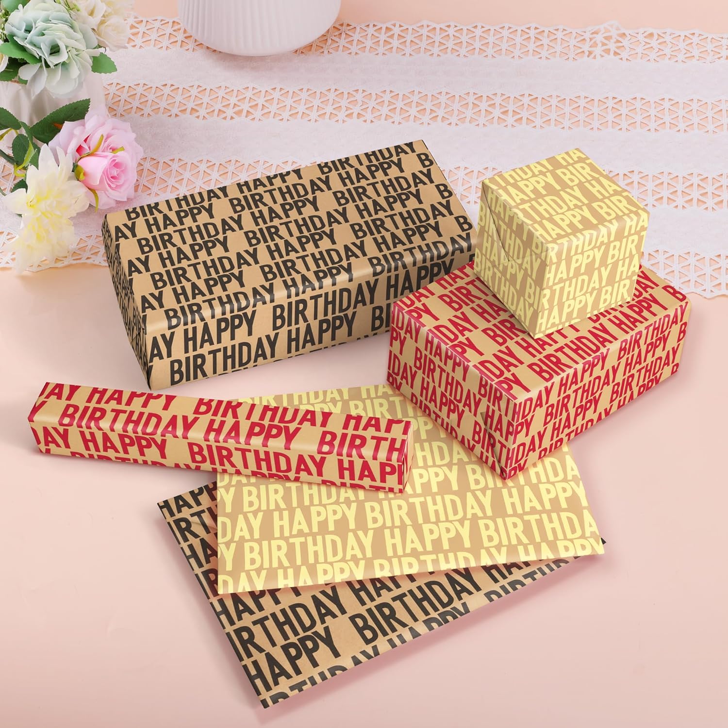 Vintage Recyclable Kraft Birthday Wrapping Paper Rolls, Designed With Text Black Red Gold Happy Birthday, 3 Mini Rolls, 17 Inch X 9.8 Feet Per Roll