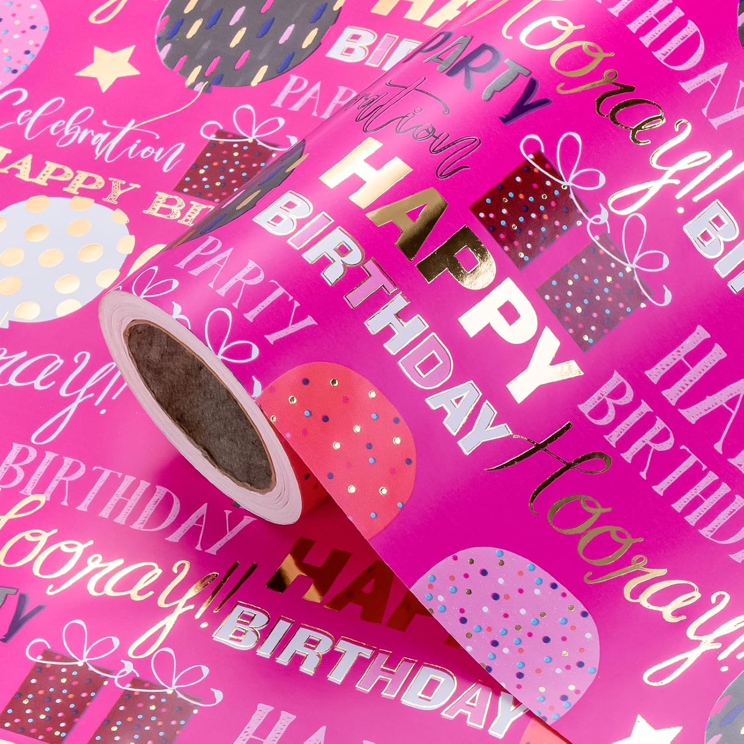 Birthday Wrapping Paper - Mini Roll - 17 Inch X 16.5 Feet - Gold Foil Hot Pink Happy Birthday Wrapping Paper For Kids, Girls, Women, Baby Shower