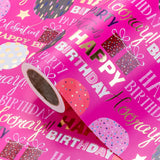 Birthday Wrapping Paper - Mini Roll - 17 Inch X 16.5 Feet - Gold Foil Hot Pink Happy Birthday Wrapping Paper For Kids, Girls, Women, Baby Shower