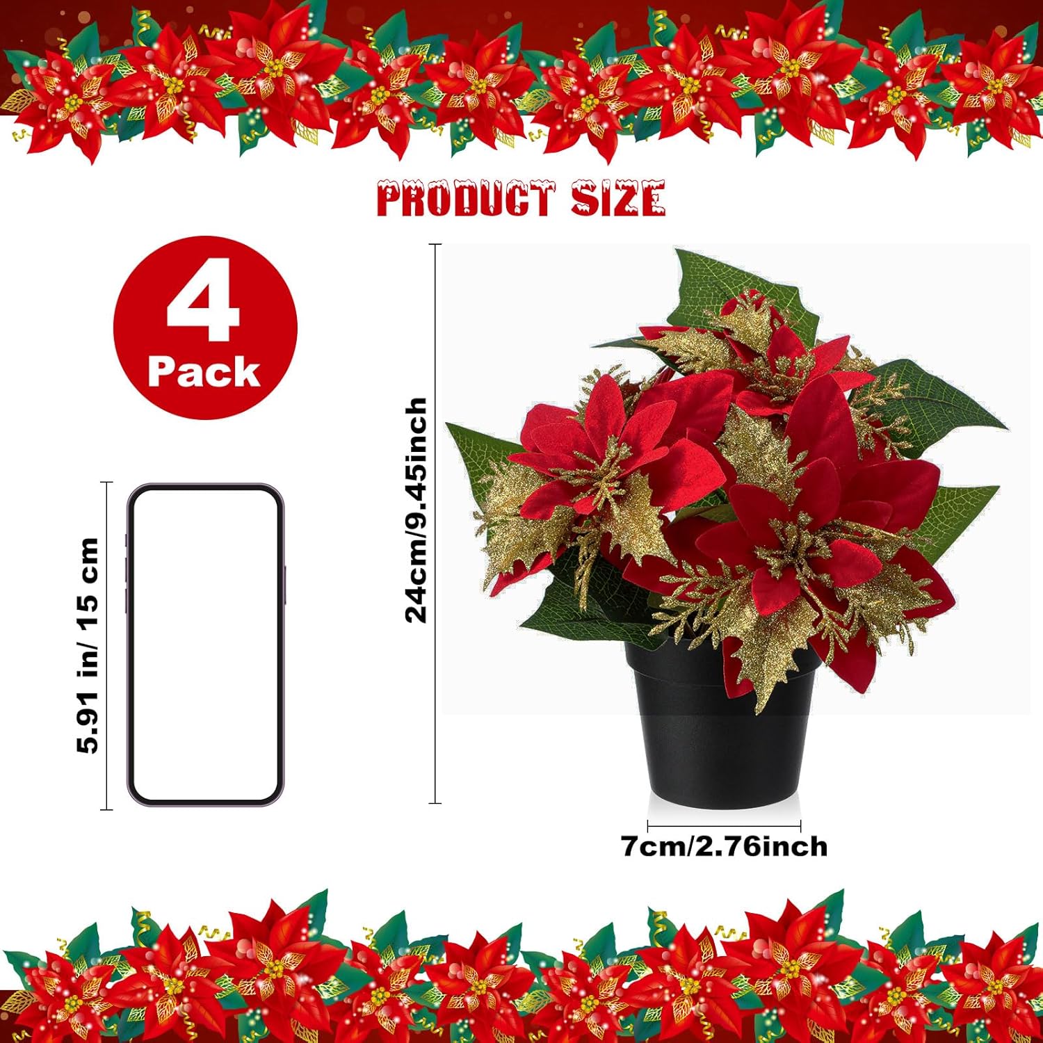 4 Pack Mini Artificial Poinsettias In Pots 9 Inch Faux Red Glitter Poinsettias Plants Tabletop Christmas Centerpieces For Home Office Table Indoor Xmas Holiday Indoor(Plastic,Black)