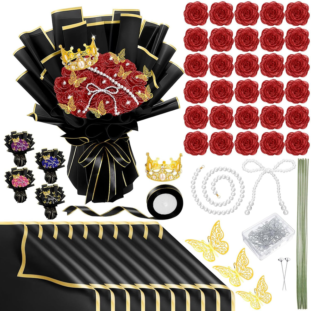 196 Pcs Diy Glitter Roses Bouquet Artificial Flower Bouquet Kit Birthday Gifts Flower Wrapping Paper 3D Butterflies Crowns For Valentine'S Day Wedding Anniversary(Red)