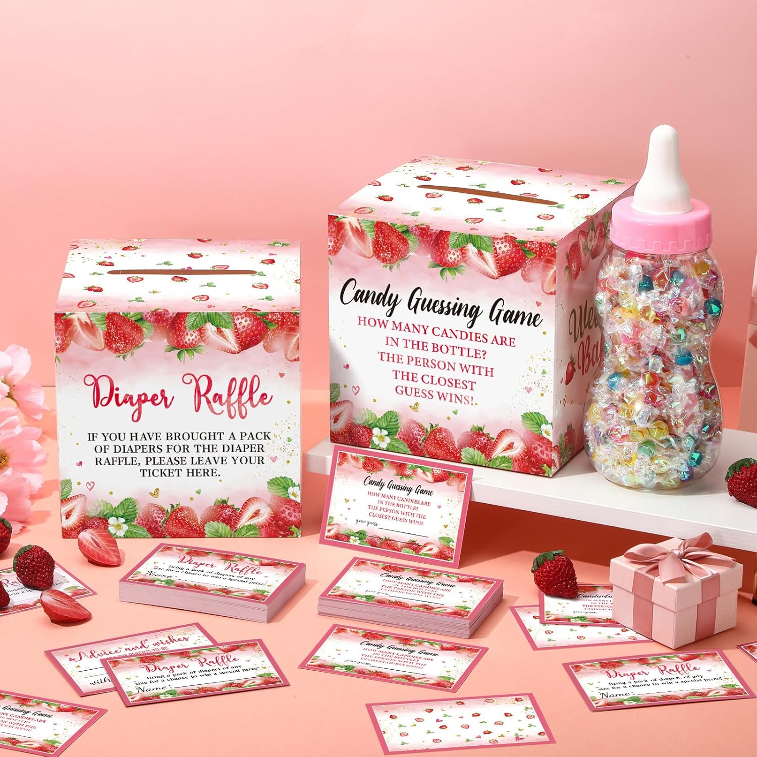102 Pcs Pink Strawberry Diaper Raffle Tickets Box Game For Baby Shower With Pink Strawberry Diaper Raffle Card Guess Candy Game For Baby Shower Gender Reveal Party Decoration Table Centerpiece