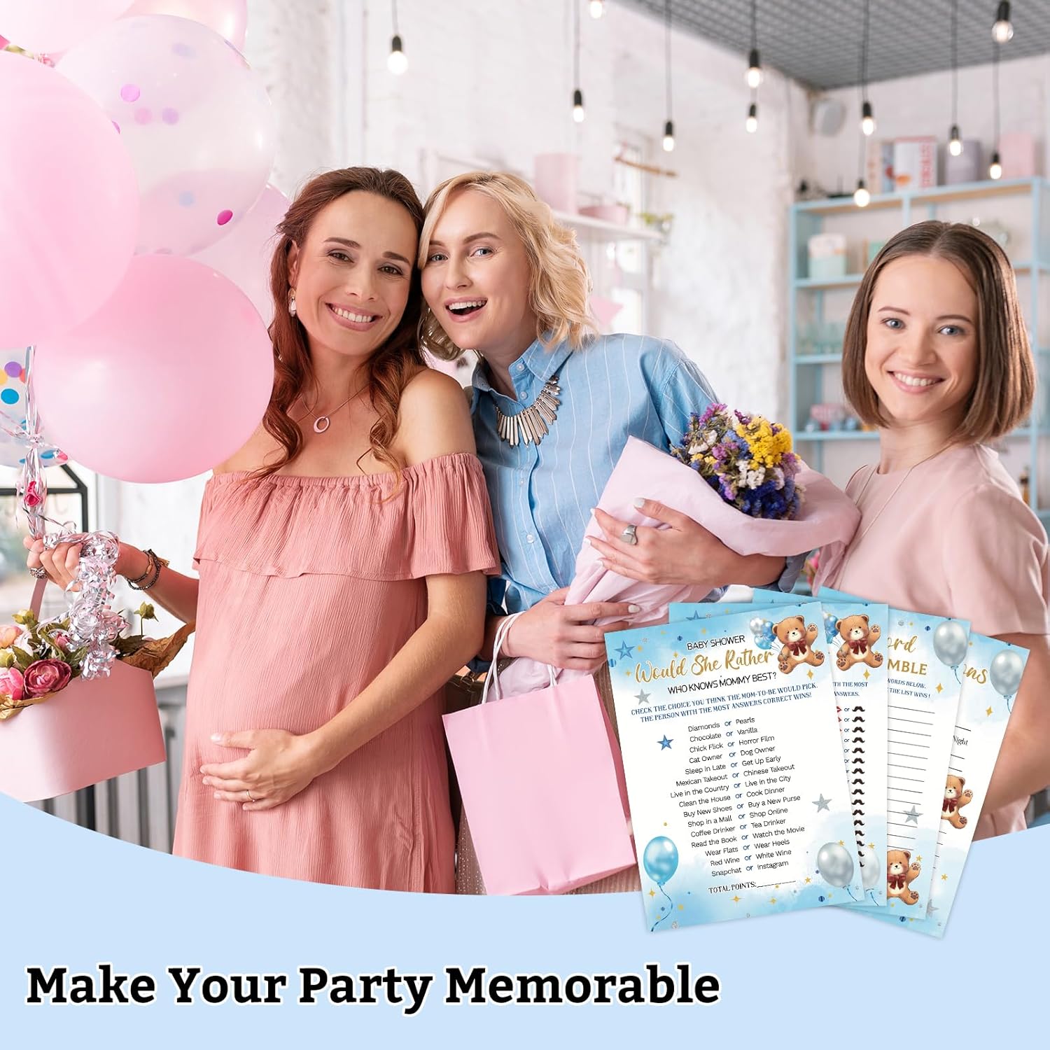 Baby Shower Games For Boy Girl, 4 Fun Games For 25 Guests, Who Knows Mommy Best, Guess Who Mommy Or Daddy, Word Scramble, Baby'S Descriptions & Well Wishes, Blue Bear Baby Showers Decorations