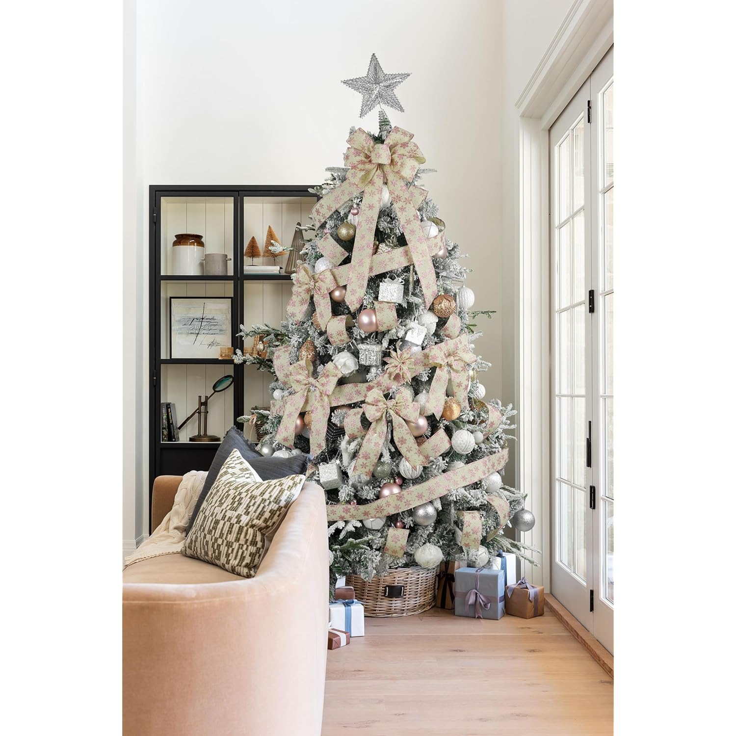 Snowflake Christmas Ribbon Wired Rose Gold Snowflake Burlap Ribbon For Tree, Bows Making, Wreaths, Gift Wrapping, Home Decor, Garland, Crafts-2.5 Inch X 10 Yards