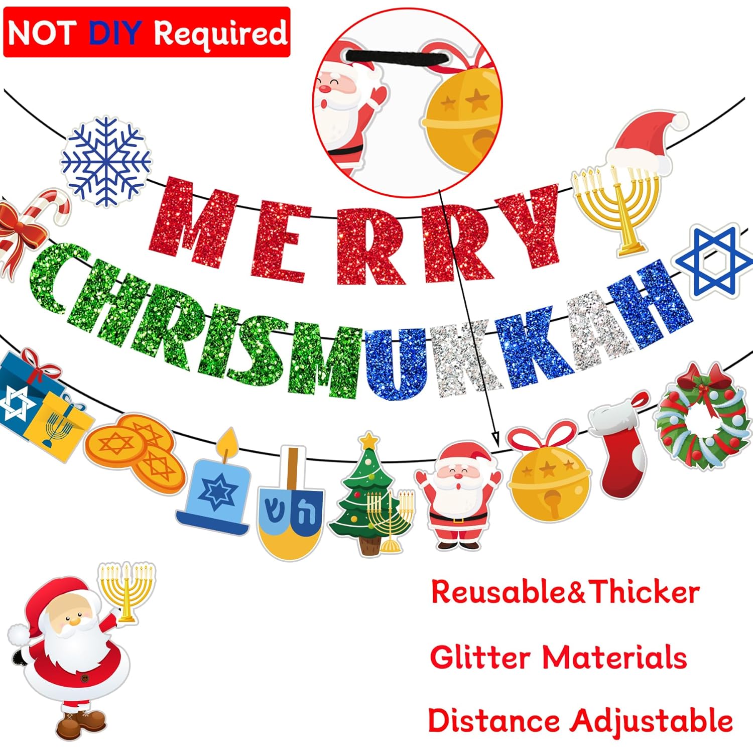 Chrismukkah Decorations Pre-Strung Merry Chrismukkah Banner Hanukkah Decorations Glitter Mixed Hanukkah Christmas Garland For Xmas Party Decorations