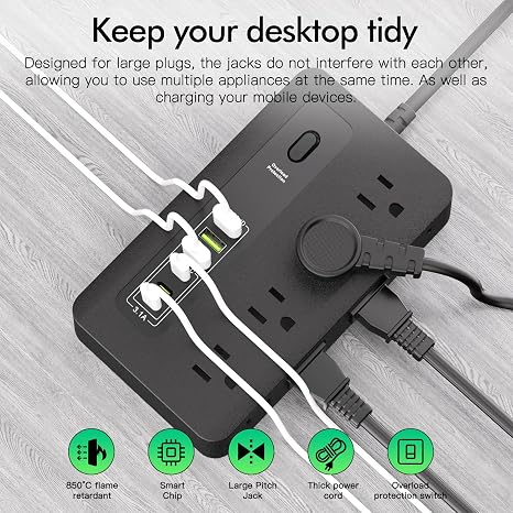 Power Strip with 8 Outlets 3 USB 3 USB C Ports 6 Ft Flat Plug Surge Protector