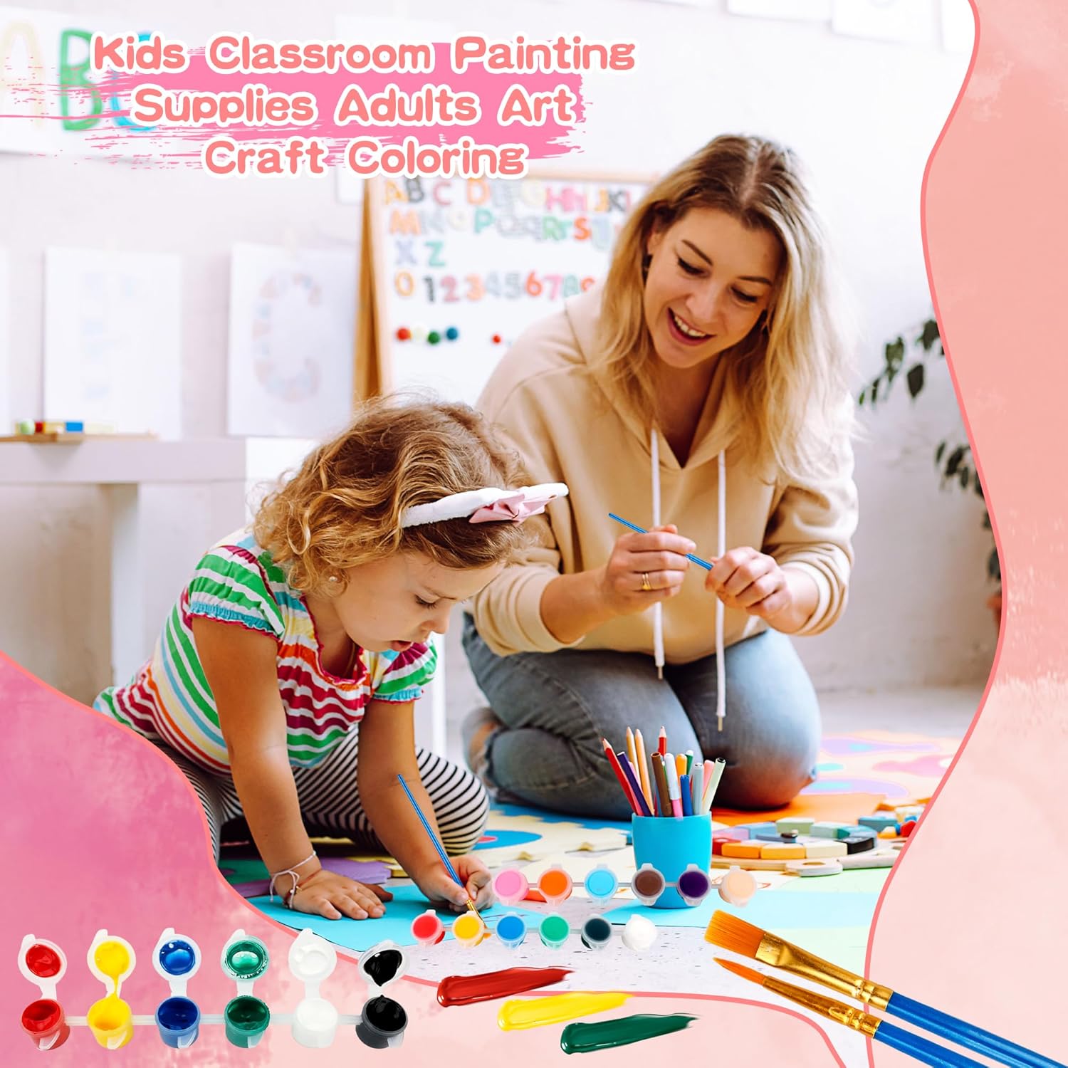 48 Pcak Mini Acrylic Paint Set Includes 24 Pcs Paint Brushes And 12 Colors Acrylic Paints Strip For Kids Classroom Painting Supplies Art Craft Coloring