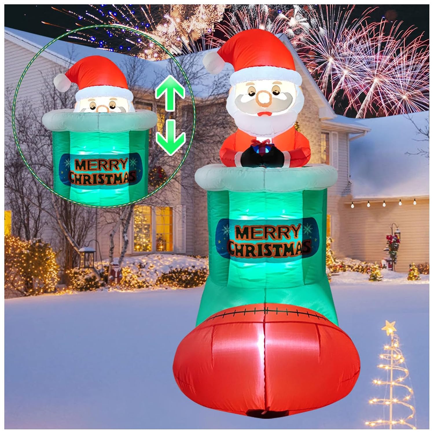 5.4Ft Christmas Inflatable Santa Claus Outdoor Decoration, Built-In Led Lights Liftable Design Santa Lifting Inside Chri
