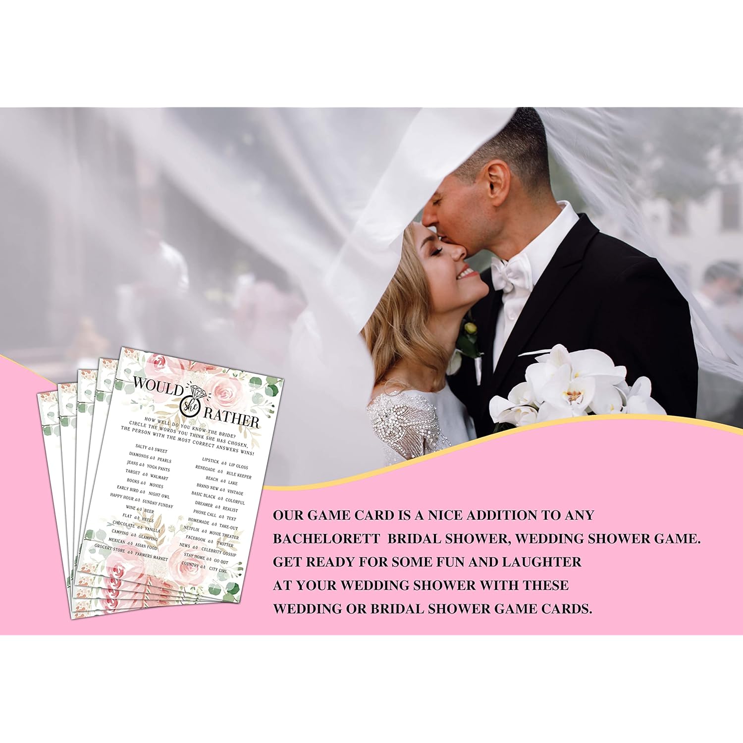 Bridal Shower Game Set - Would She Rather Party Cards For Wedding - Floral Wedding Party Favor Decor - Blush Pink Engagement/Bachelorette Party Games Supplies & Activities - 30 Game Cards(C02)