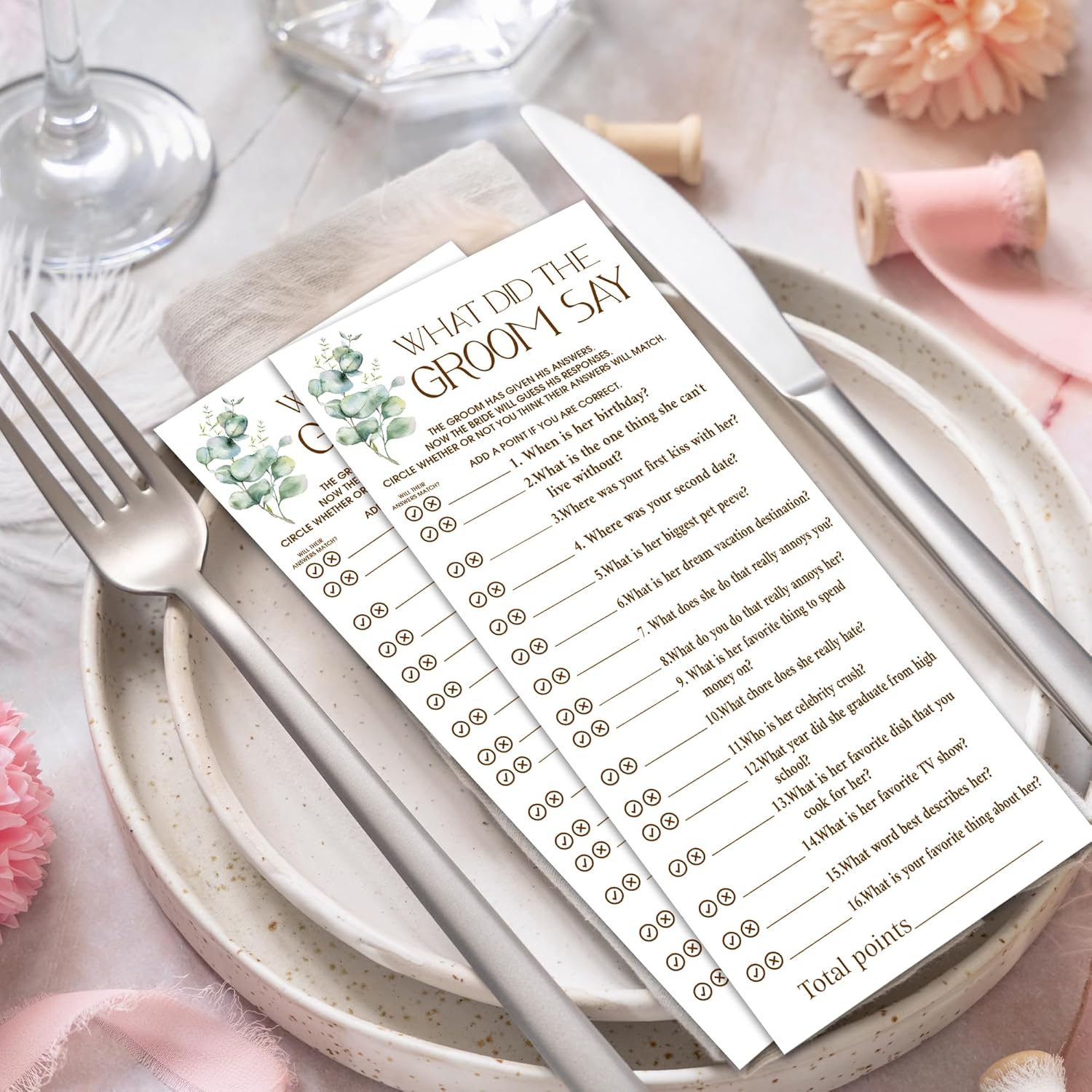 Bridal Shower Games What Did The Groom Say Card, Eucalyptus 25 Pack Wedding Games Cards For Guests(4X9 Inch), Minimalist Wedding Party Supplies-B07