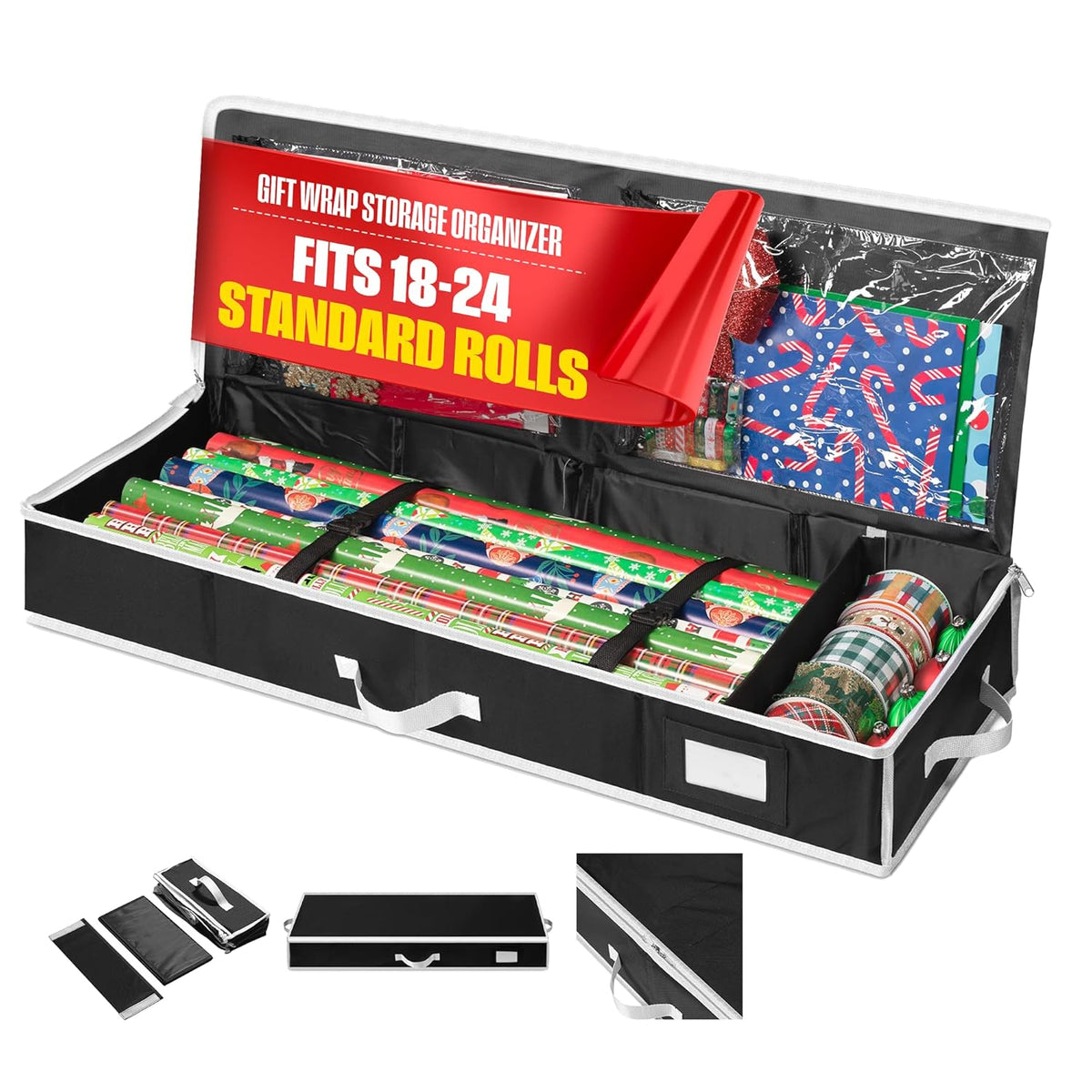 Gift Wrap Storage Organizer, Easily Organize Wrapping Paper, Ribbons, Bows, Scissors, Fits 18-24 Standard Rolls, Keeps Gift Supplies In Perfect Condition & Ready For Next Season, (Black)