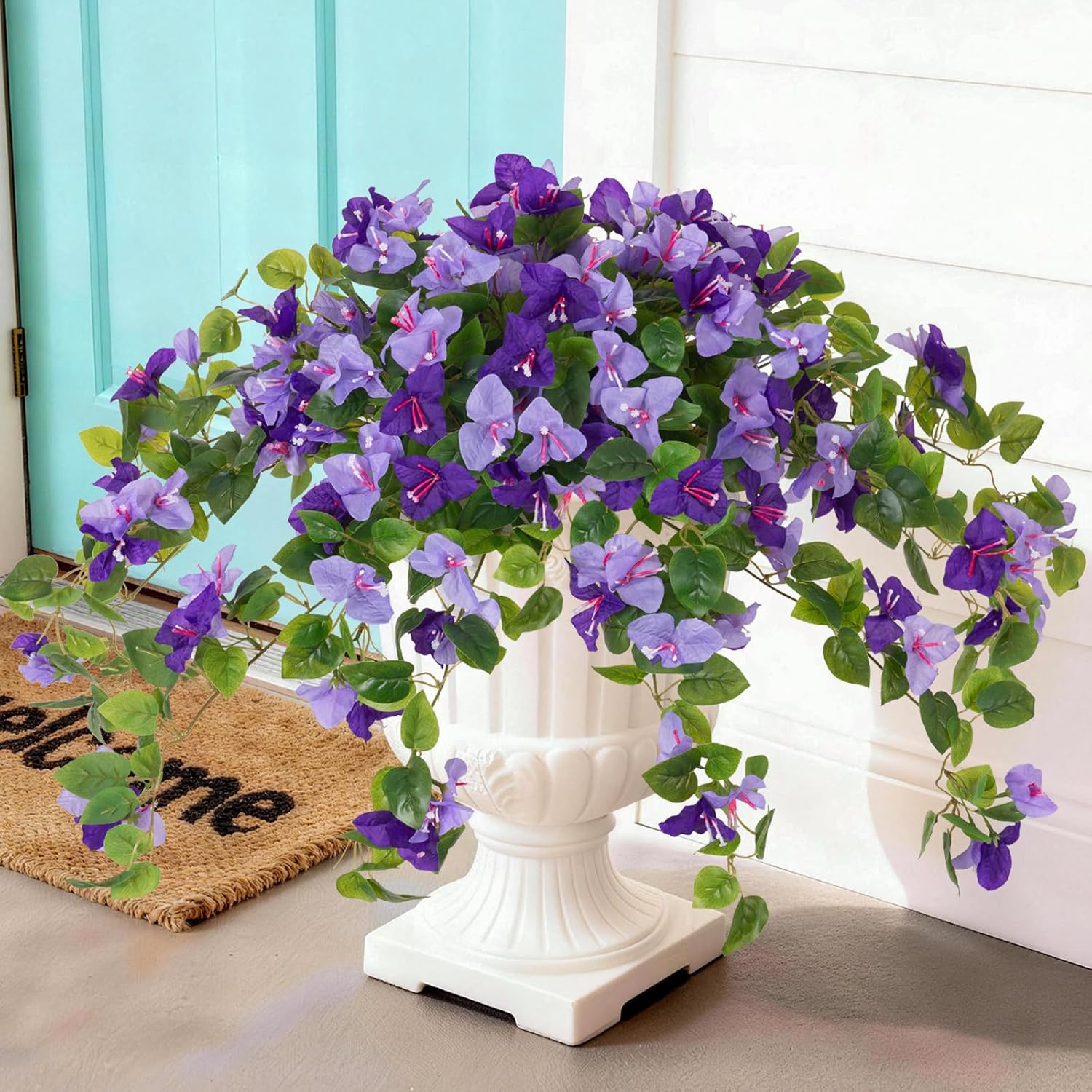 Artificial Fake Flowers Plants For Outdoor Decoration, 2 Pcs Faux Silk Flower Bougainvillea Vines Look Real Uv Resistant For Home Porch Patio Balcony Yard Spring Decor(Purple)