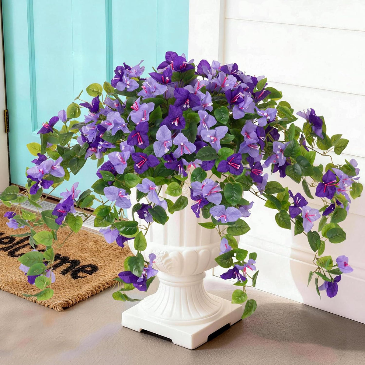 Artificial Fake Flowers Plants For Outdoor Decoration, 2 Pcs Faux Silk Flower Bougainvillea Vines Look Real Uv Resistant For Home Porch Patio Balcony Yard Spring Decor(Purple)