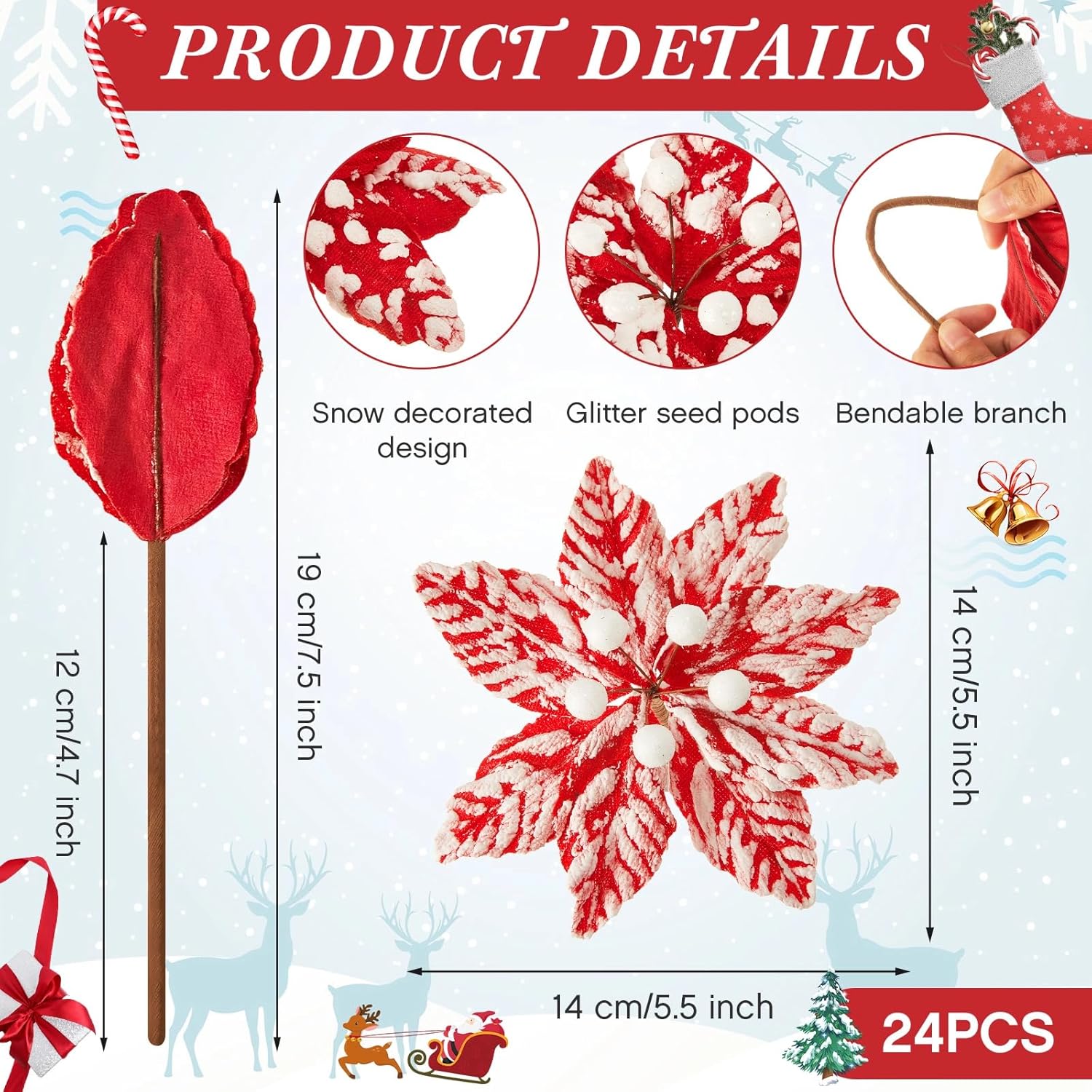 24 Pieces Red White Poinsettia Artificial Christmas Flowers Decoration Snow Spray Christmas Tree Picks Decorative Stem For Xmas Wreath Decorations (5.5 Inches)