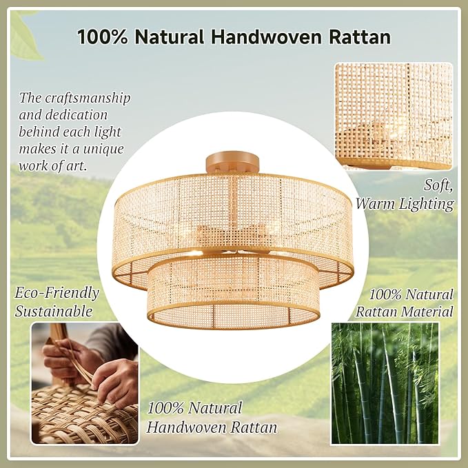 20 Inch Boho Rattan Flush Mount Ceiling Light Double Layer Wicker Fixture