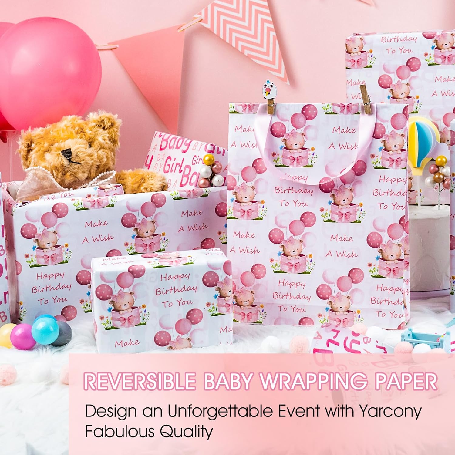 Pink Bear Baby Wrapping Paper Roll, Cute Baby Girl Gift Wrap Paper, Pastel Bear Balloon Theme Baby Shower Wrapping Paper For Girl 1St Birthday, Newbaby Celebrations (Mini Roll, 17 In X 33Ft)
