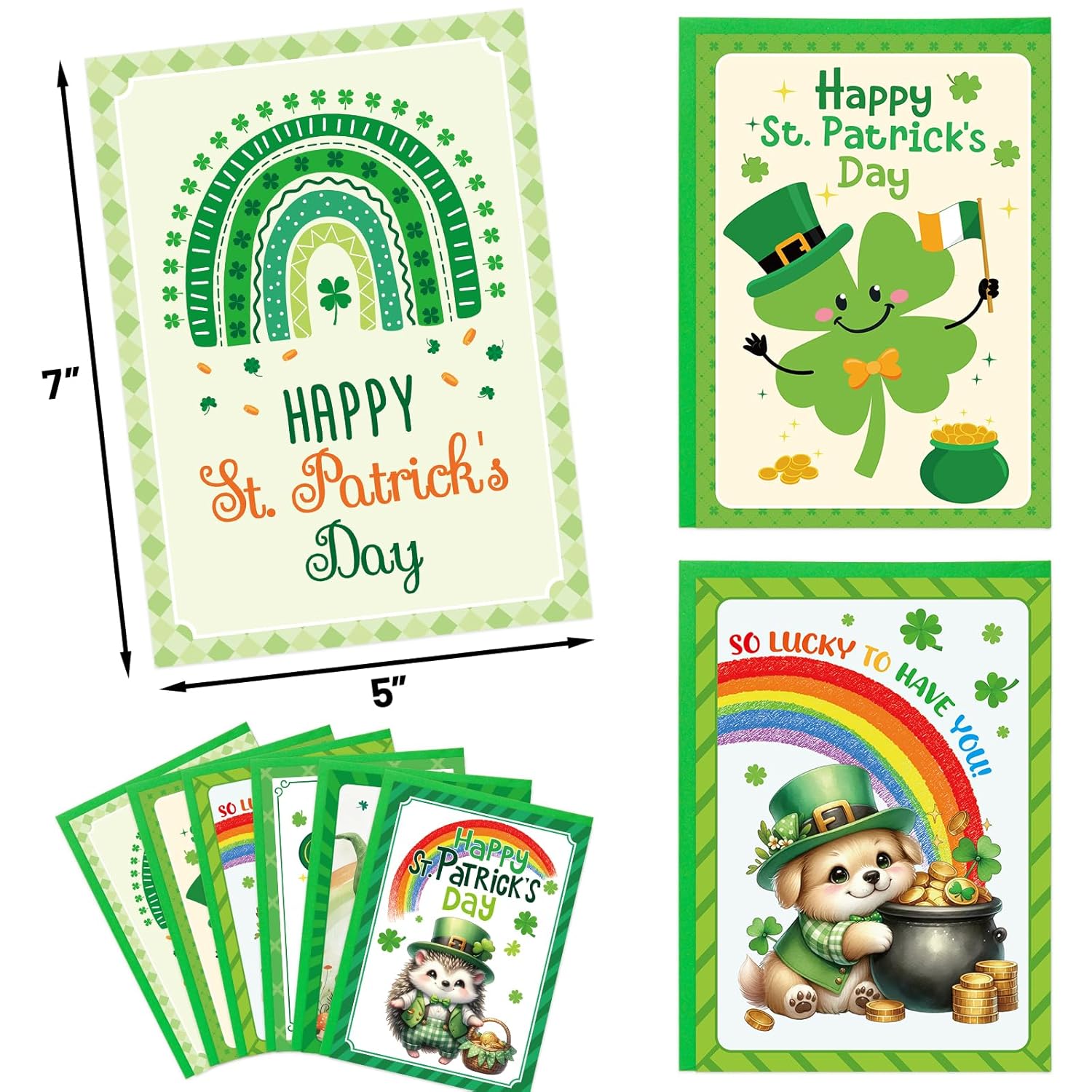 Treasure Cove St Patricks Day Cards Green Cartoon Animal Greeting Card with Envelopes and Stickers for Irish Holiday Supplies Party Favors 12Pcs