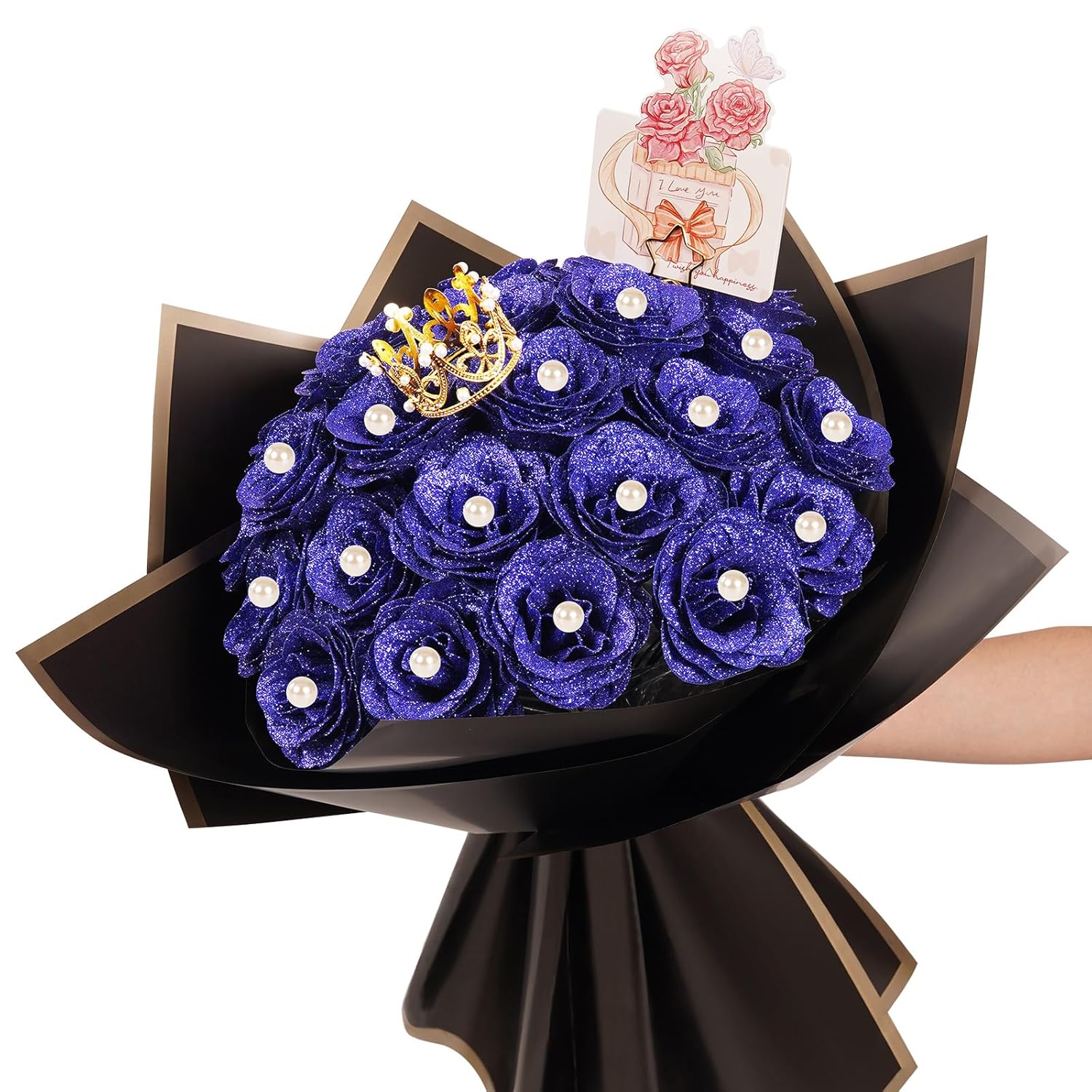 Glitter Roses Bouquet, 25 Artificial Flowers Glowing, Diy Fake Glitter Flowers Bouquet With Stem For Wedding Bouquets Anniversary Engagement Valentine'S Day Birthday (Blue)