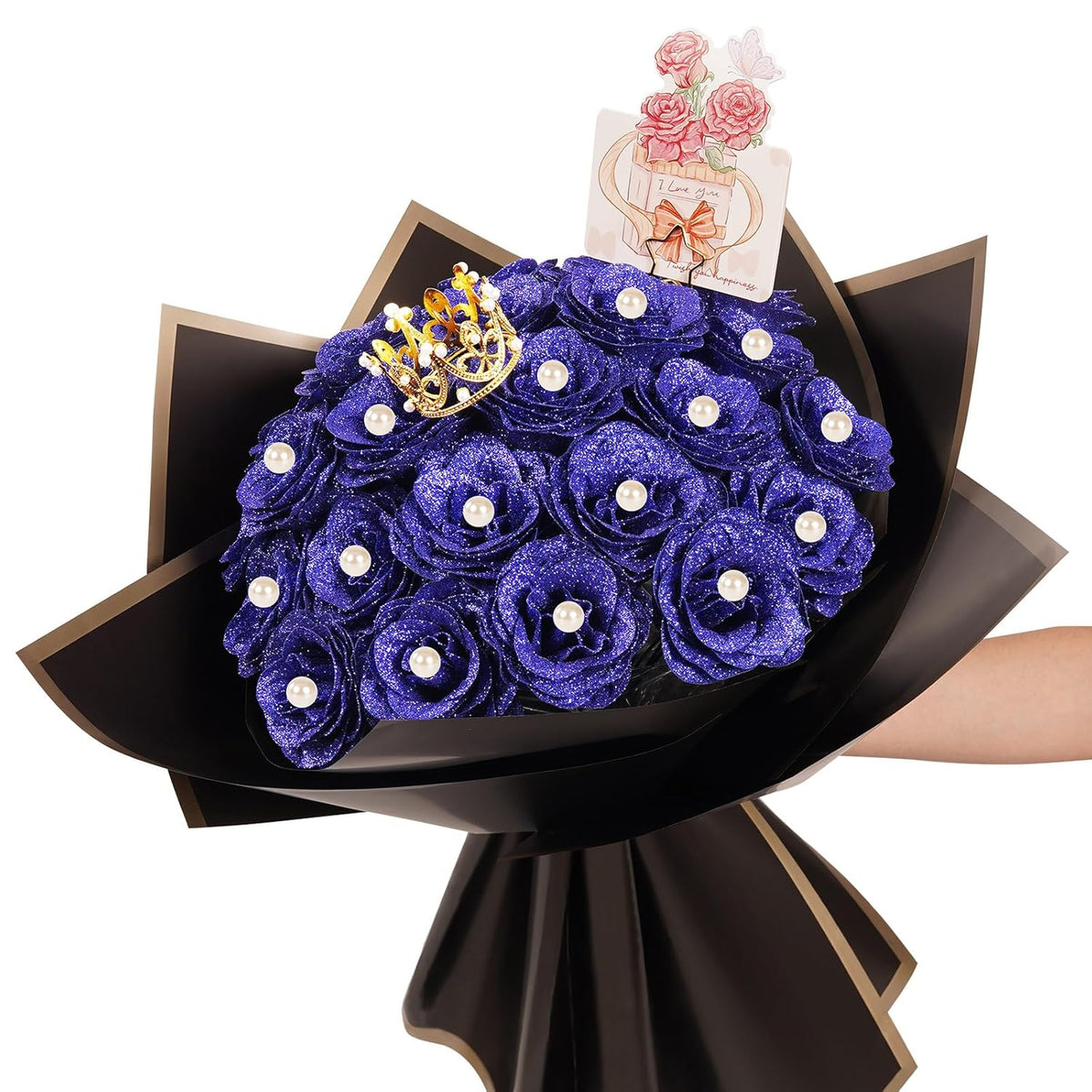 Glitter Roses Bouquet, 25 Artificial Flowers Glowing, Diy Fake Glitter Flowers Bouquet With Stem For Wedding Bouquets Anniversary Engagement Valentine'S Day Birthday (Blue)