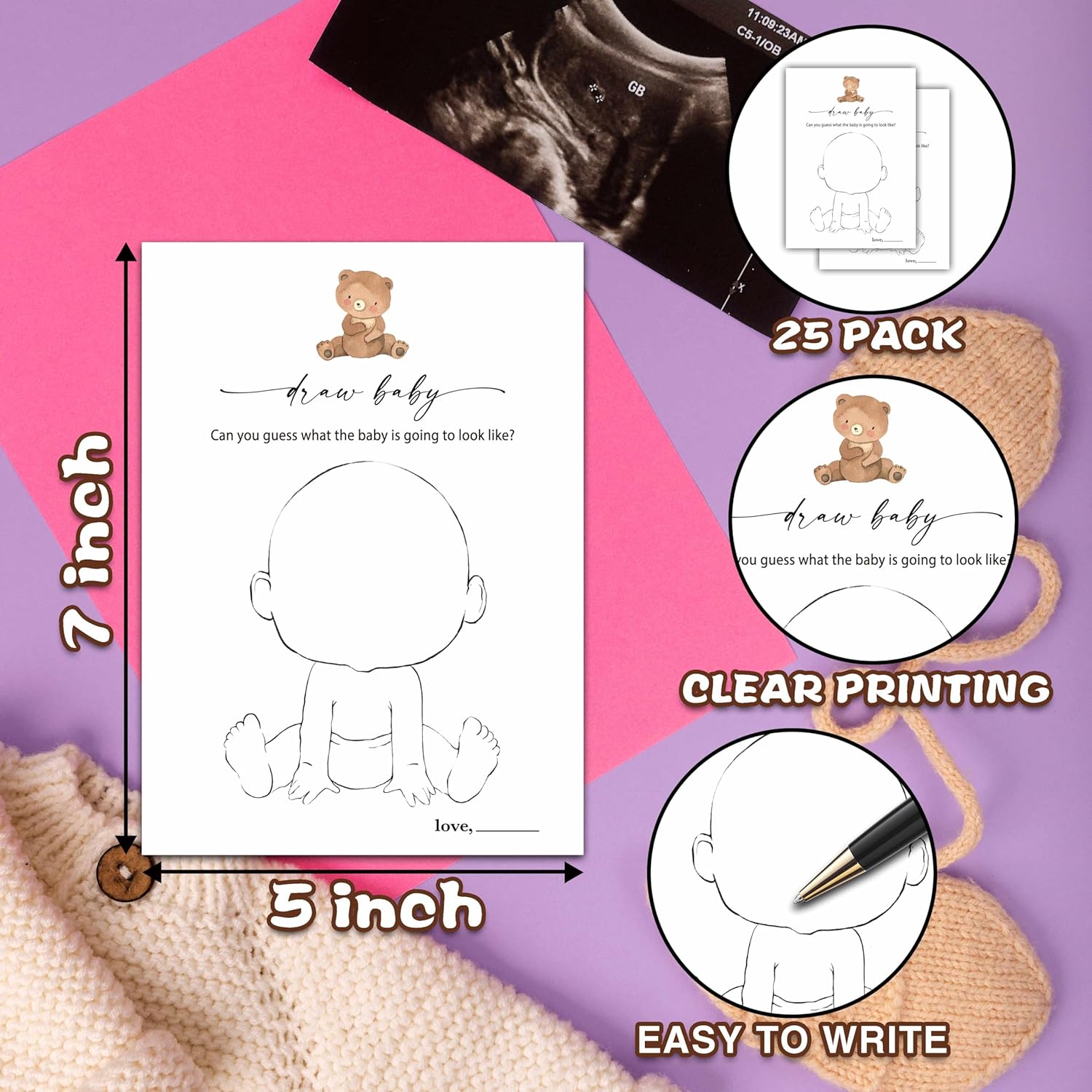 Draw Baby Games Set, Minimalism Baby Shower Party Game Card, Boho Bear Themed Gender Neutral Party Ideas Activities, Baby Shower Party Supplies & Decorations -A06
