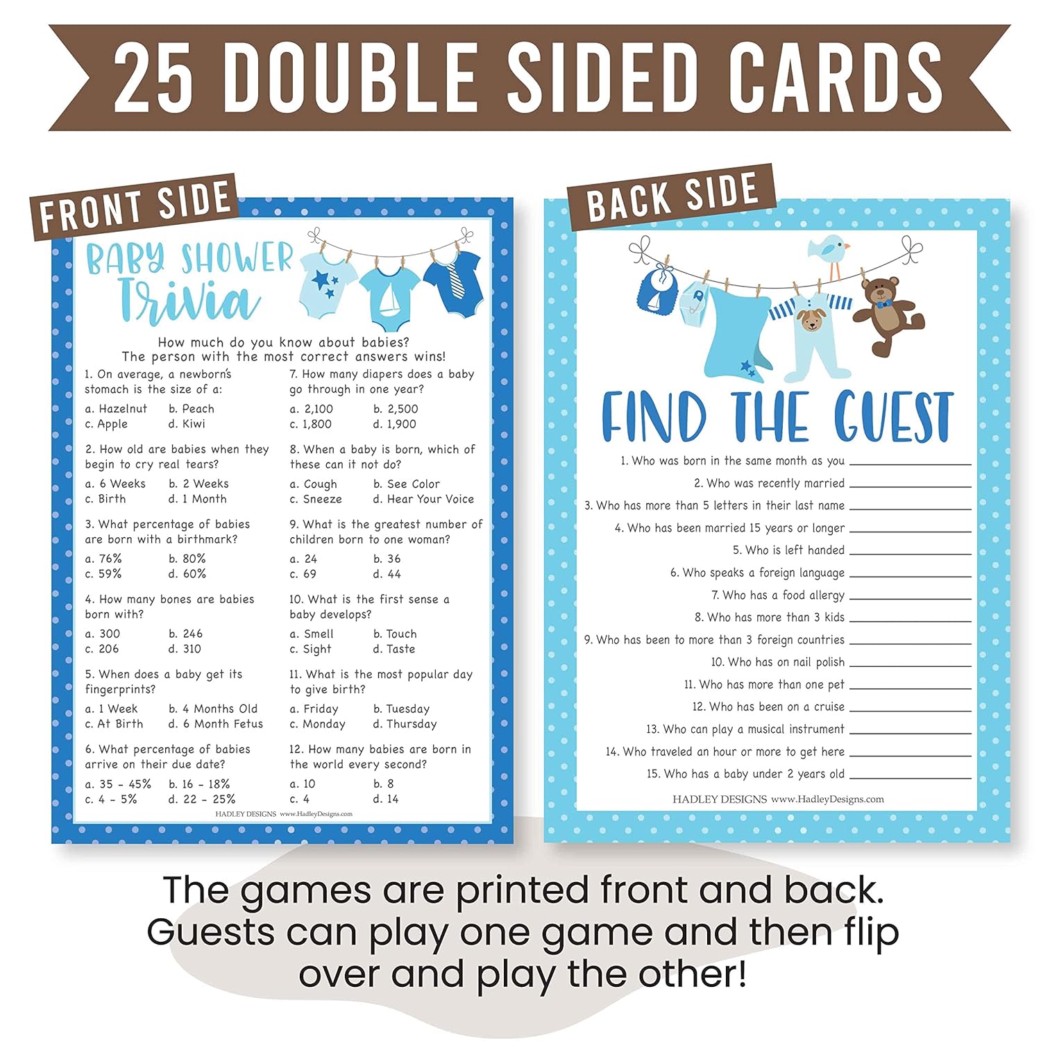 Baby Shower Games For 25 Guests - Blue Clothesline Boy Baby Shower Trivia Game, Find The Guest Babyshower Game Boy, Gender Reveal Trivia Games, Made In Usa