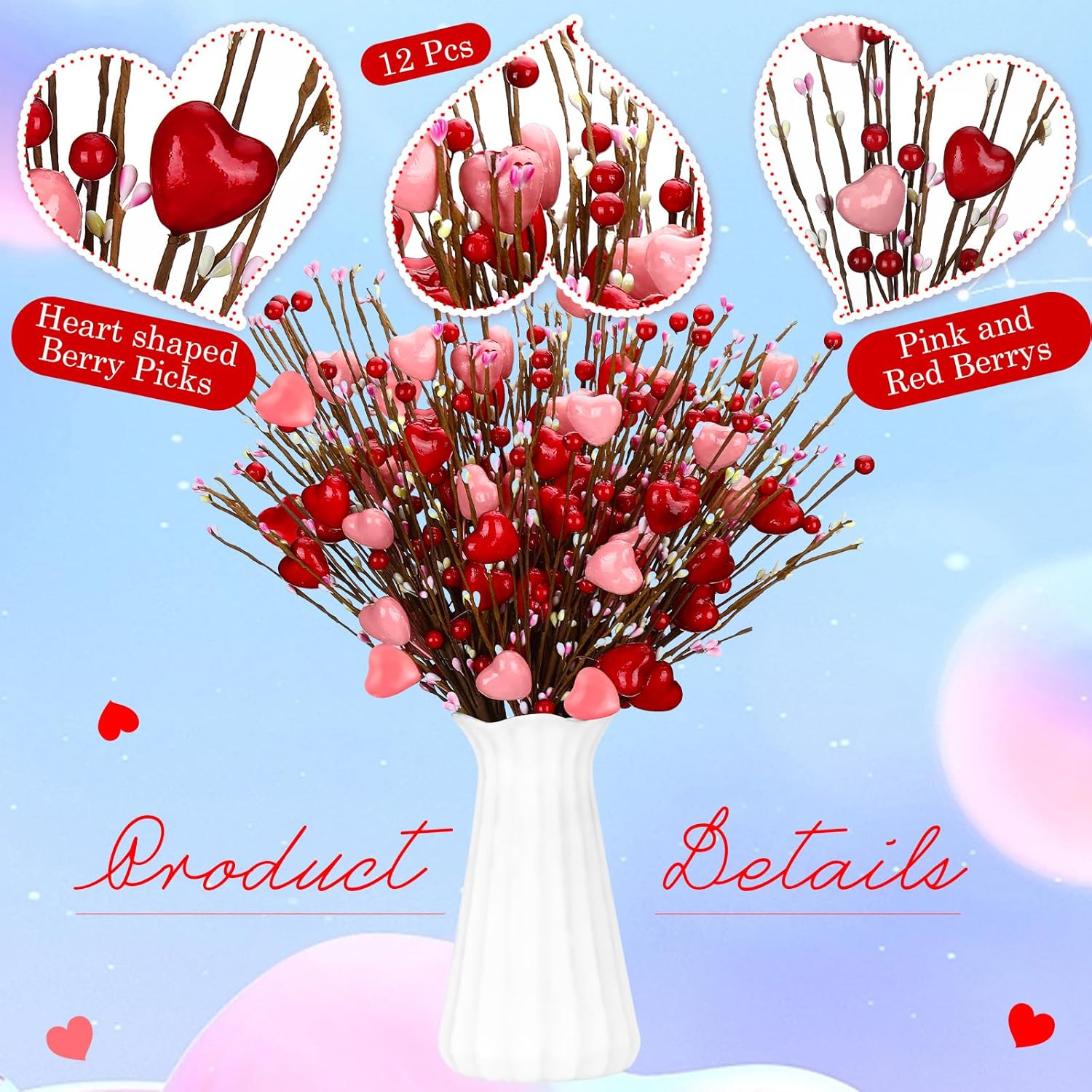 12 Pcs Valentine'S Day Artificial Flower Stems Valentines Red Berry Heart Floral Picks Spray Branches For Flower Arrangements Vase Filler For Mother'S Day Wedding Gifts Home(Red, Pink)