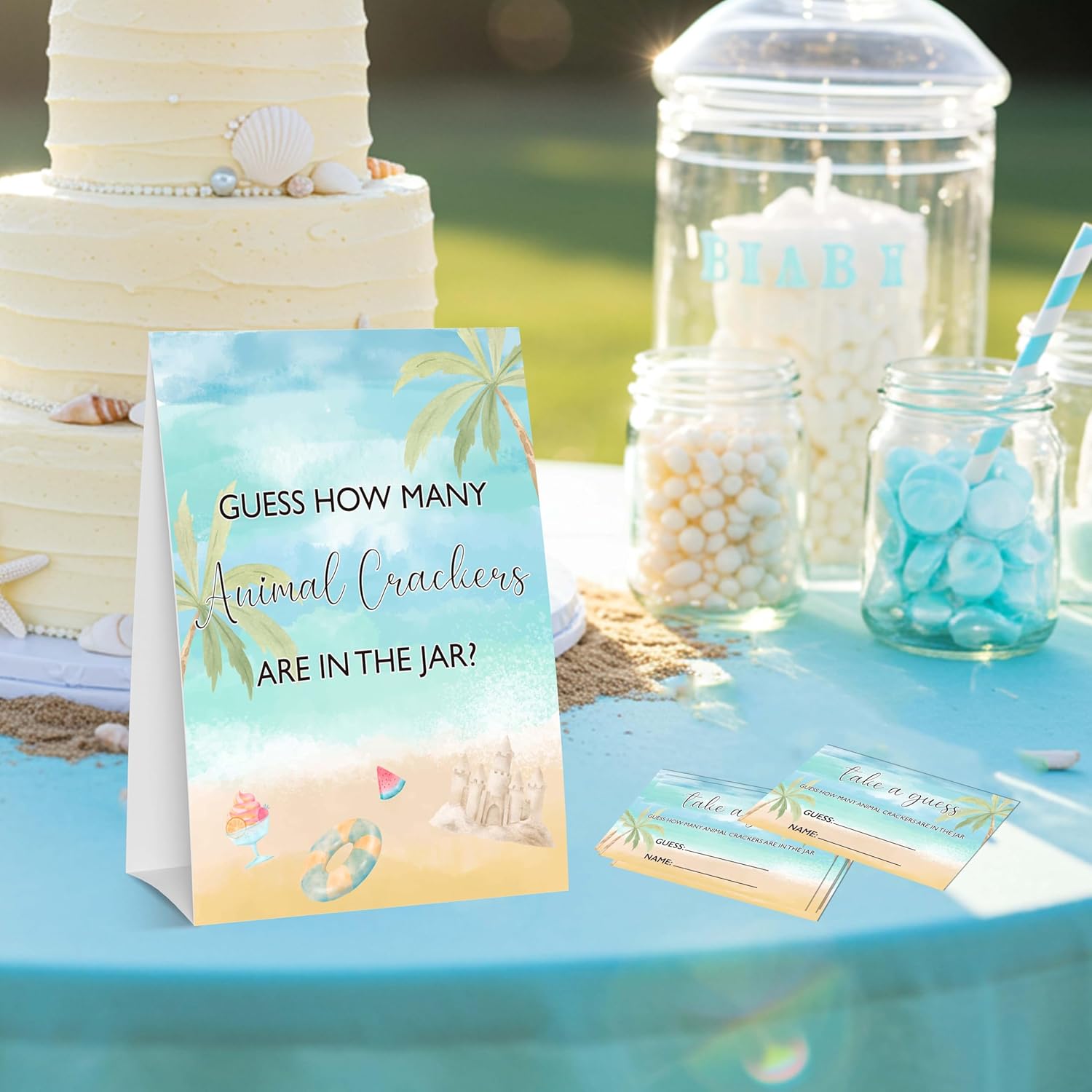 Summer Beach Baby Shower Games, Blue Ocean Guess How Many Animal Crackers Games, Gender Reveal Party Favor Decorations & Supplies, 1 Sign & 50 Cards Game Set-A11