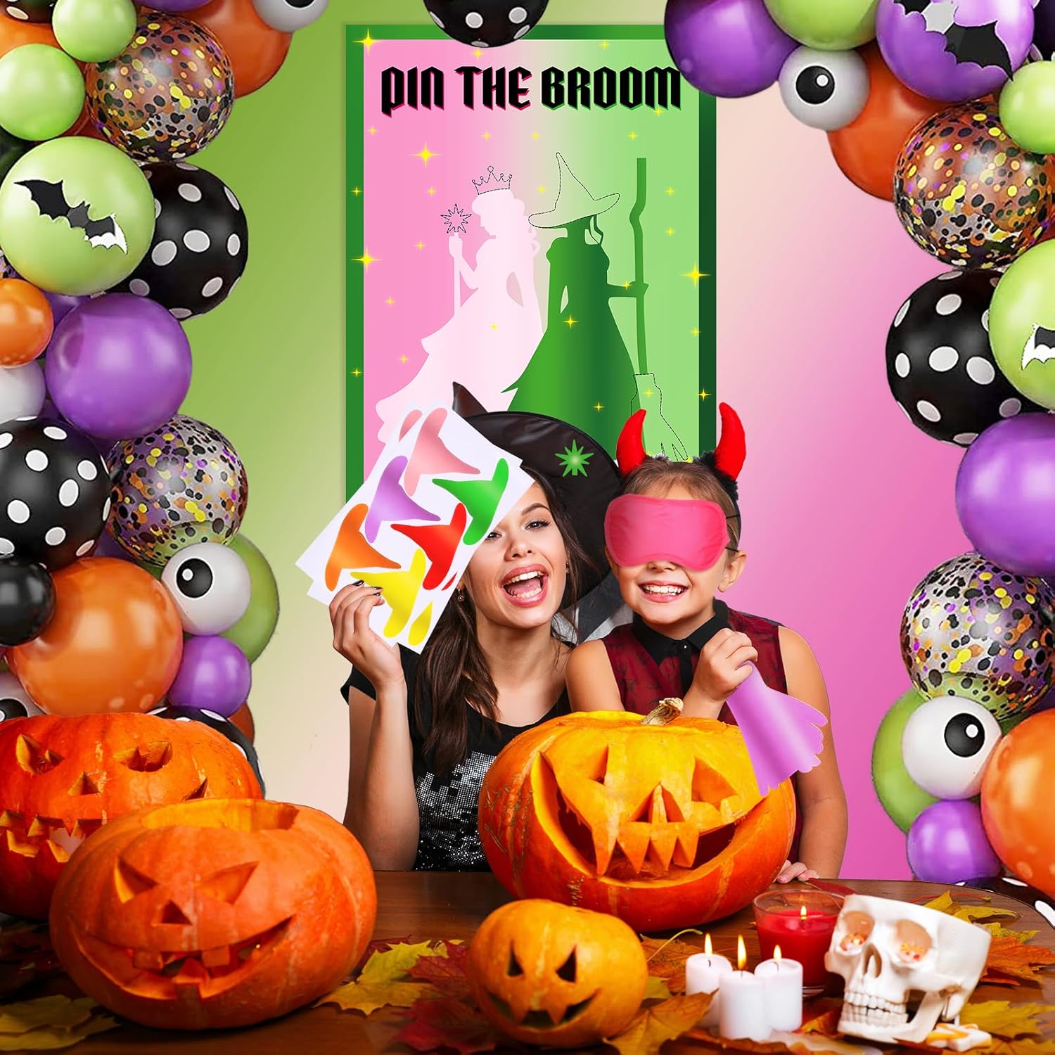 Witch Party Decorations Pin The Broom Pink And Green Party Favors For Halloween Birthday Wall Supplies With 96 Reusable Stickers