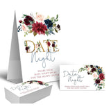 Burgundy And Navy Floral Date Night Game Sign And Cards - Great For Bridal Showers And Weddings - 1 Self-Standing Sign And 50 Guessing Cards