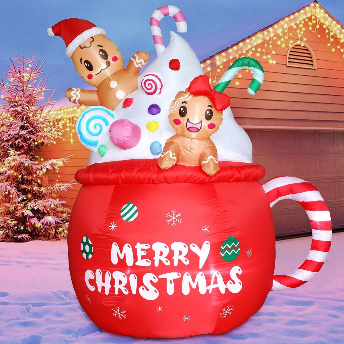 Christmas Inflatable Outdoor Decorations 6Ft Gingerbread Inflatables Christmas Blow Up Gingerbread Man Hot Cocoa Mug Can