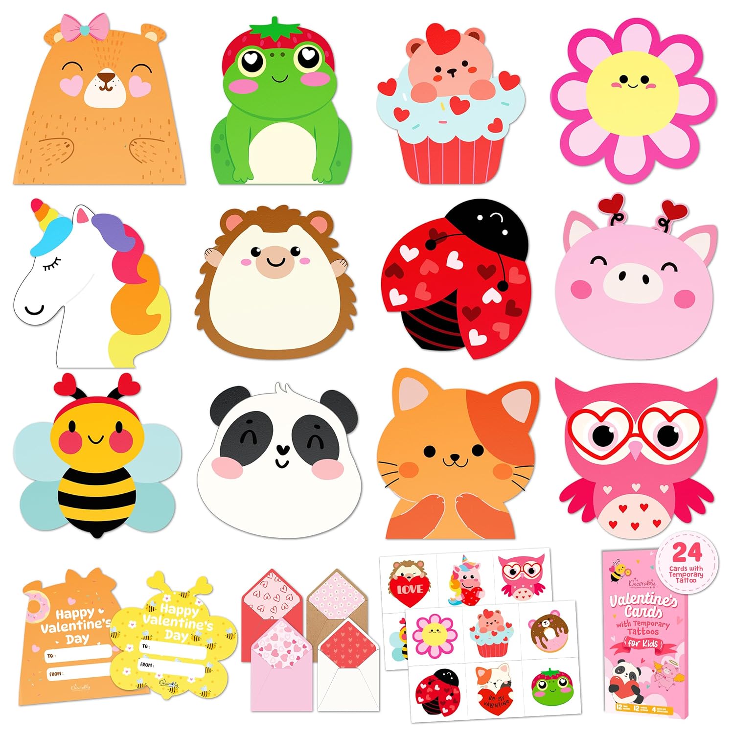 24 Pack Post Card-Style 4X5In Valentines Day Cards For Kids School With Envelopes & Temporary Tattoos, 10 Adorable Designs For Boys & Girls, Friends, With Printed Message - Gift, Mailing