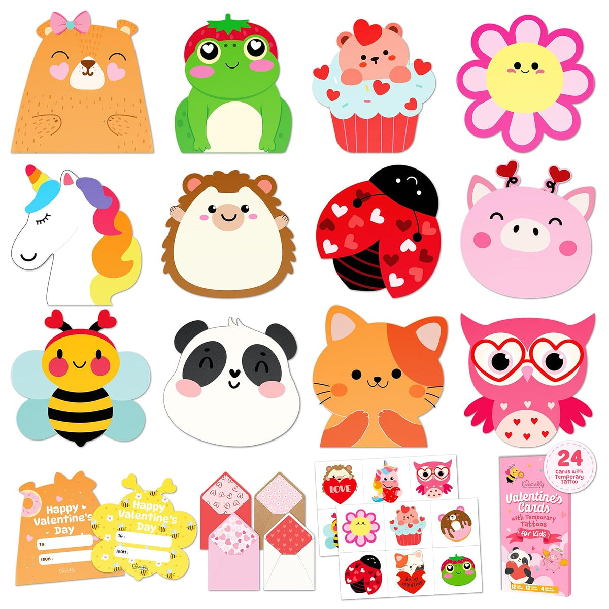 24 Pack Post Card-Style 4X5In Valentines Day Cards For Kids School With Envelopes & Temporary Tattoos, 10 Adorable Designs For Boys & Girls, Friends, With Printed Message - Gift, Mailing