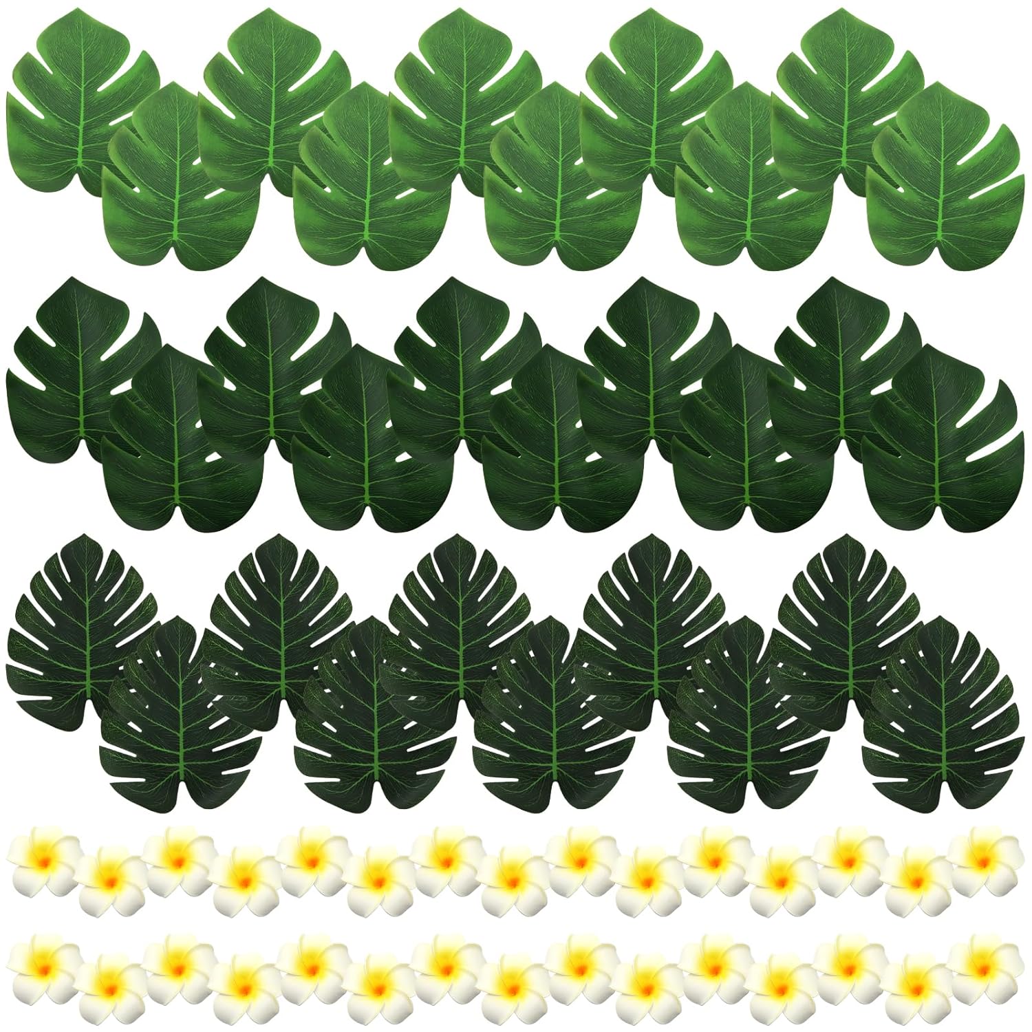 60 Pcs Artificial Palm Leaves And Plumeria Flowers For Tropical Party Decoration,Green Monstera Leaf With Plumeria Flower For Hawaiian Luau Party Table Decoration Summer Beach Tiki Bbq Wedding Decor