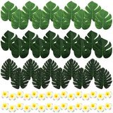 60 Pcs Artificial Palm Leaves And Plumeria Flowers For Tropical Party Decoration,Green Monstera Leaf With Plumeria Flower For Hawaiian Luau Party Table Decoration Summer Beach Tiki Bbq Wedding Decor