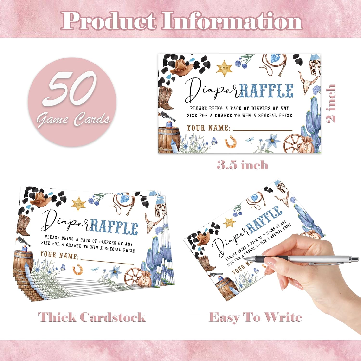 Cowboy Baby Shower Diaper Raffle, Pack Of 1 Wooden Tabletop Sign With Stand And 50 Diaper Raffle Tickets, Wild West Rodeo Baby Shower Game, Gender Reveal Party Decorations - Eh11
