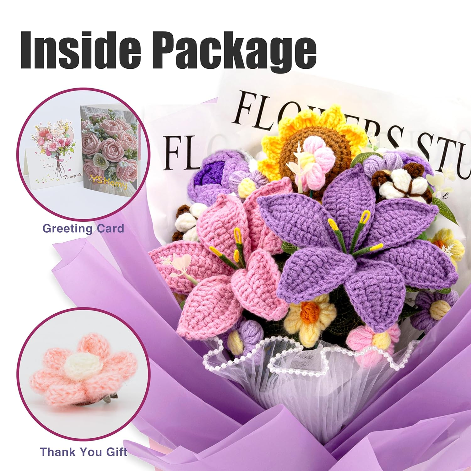 Crochet Flowers, Crochet Flower Bouquet With 14 Crochet Flowers Of Sunflower, Roses, Purple Lily Bouquet,Gifts For Birthday,Graduation,Thanksgiving,Get Well,Valentine'S Day(Include Card)
