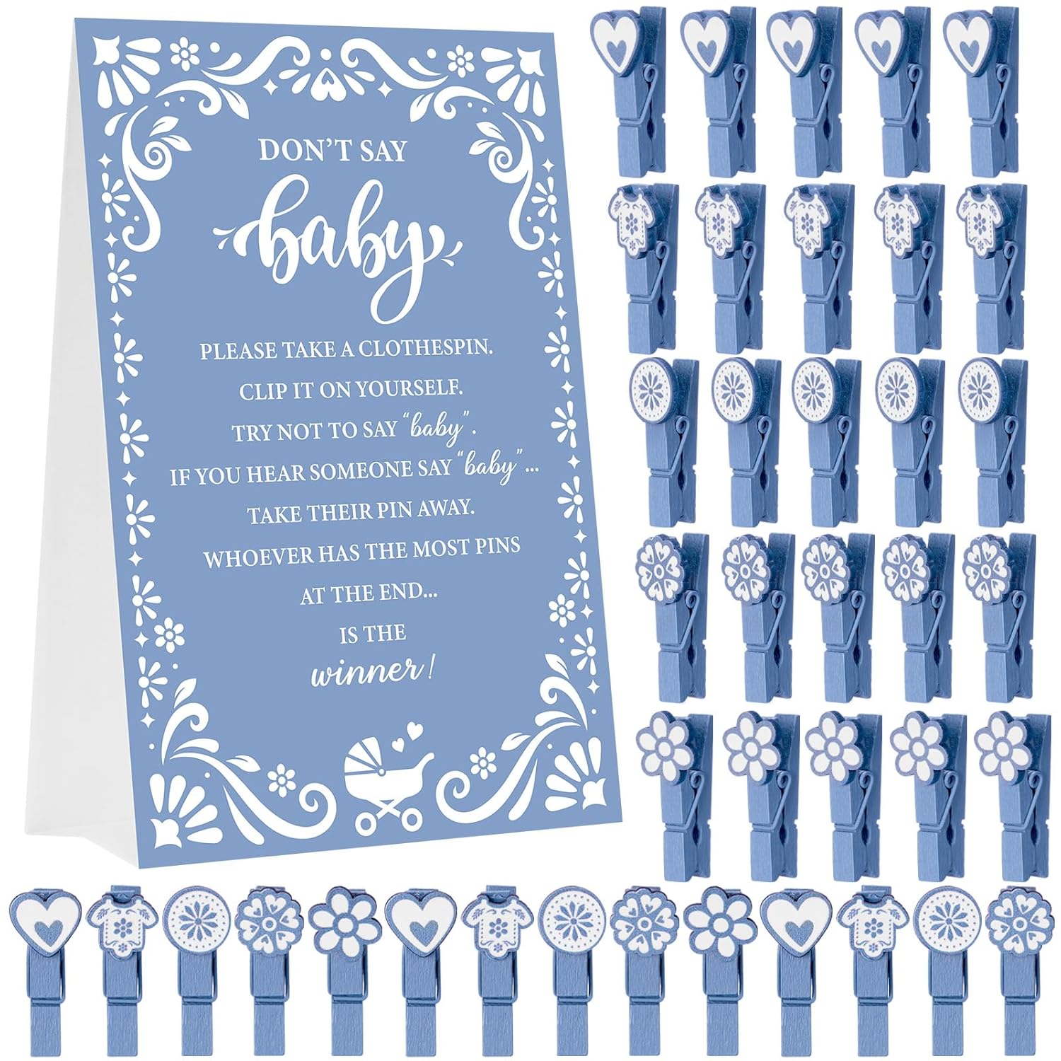Cielito Lindo Babyshower Games Supplies Don'T Say Baby Game, 1 Sign And 50 Wooden Mini Clothespins Funny Cielito Lindo Baby Shower Party Decorations For Gender Reveal Favors(Blue)